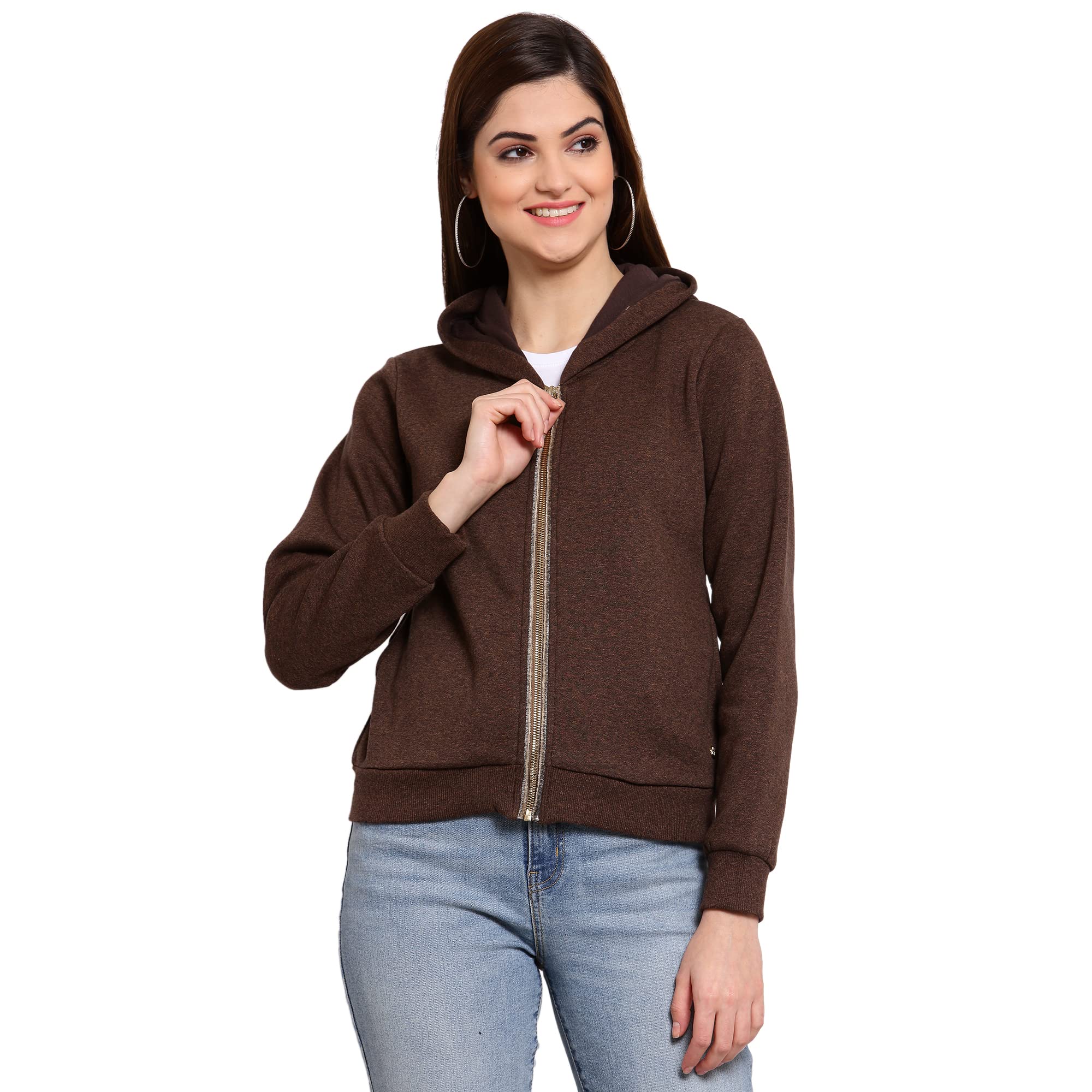 Women Solid Brown Hooded Neck Fleece Sweat Shirt