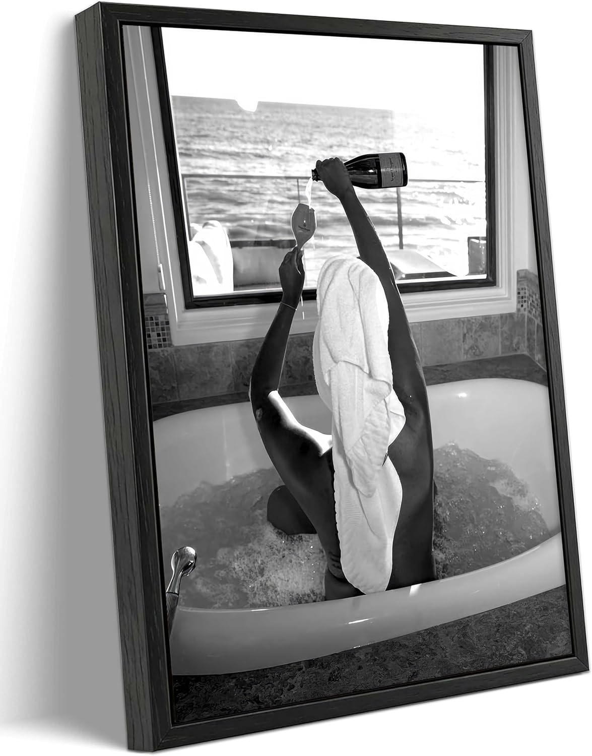 Framed Black and White Fashion Canvas Wall Art Trendy Woman Drinking Wine in Bathtub Picture Wall Decor Luxury Feminist Bathroom Poster Print for Apartment Dorm Home Decoration 16x24in