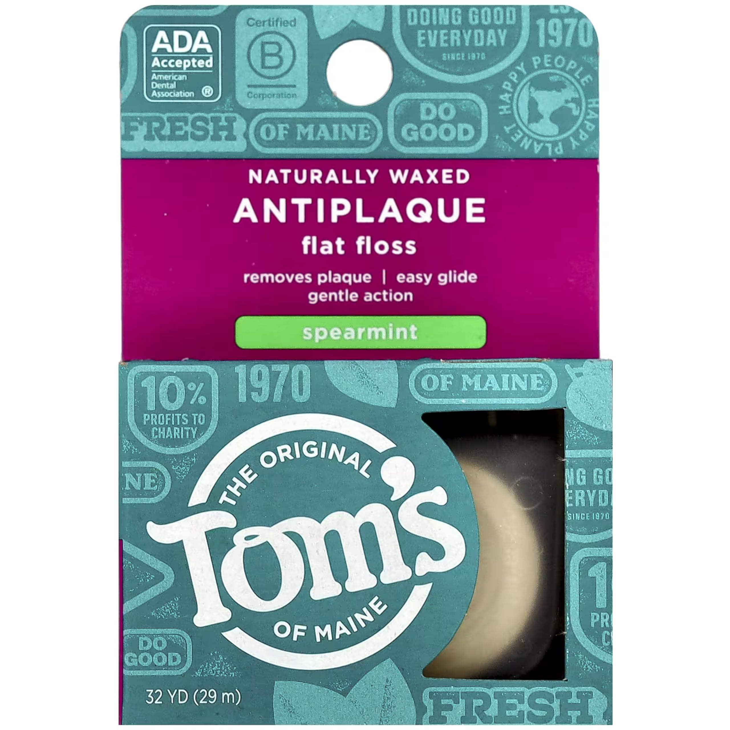 Tom's of Maine Natural Waxed Antiplaque Flat Floss, Spearmint, 32-Yards, Pack of 2