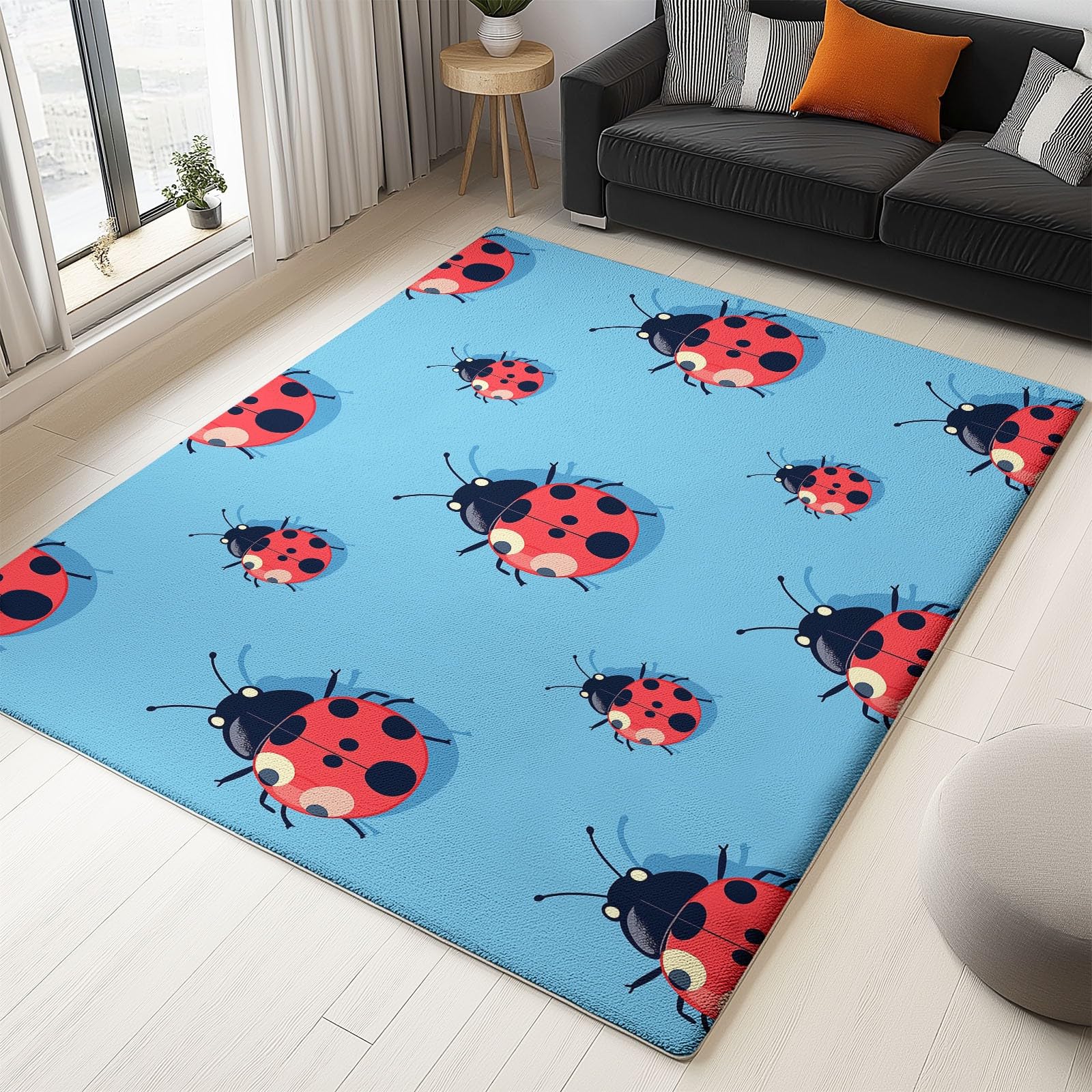 Tapis coccinelle 60x90 cm bleu en flanelle lavable pour salon