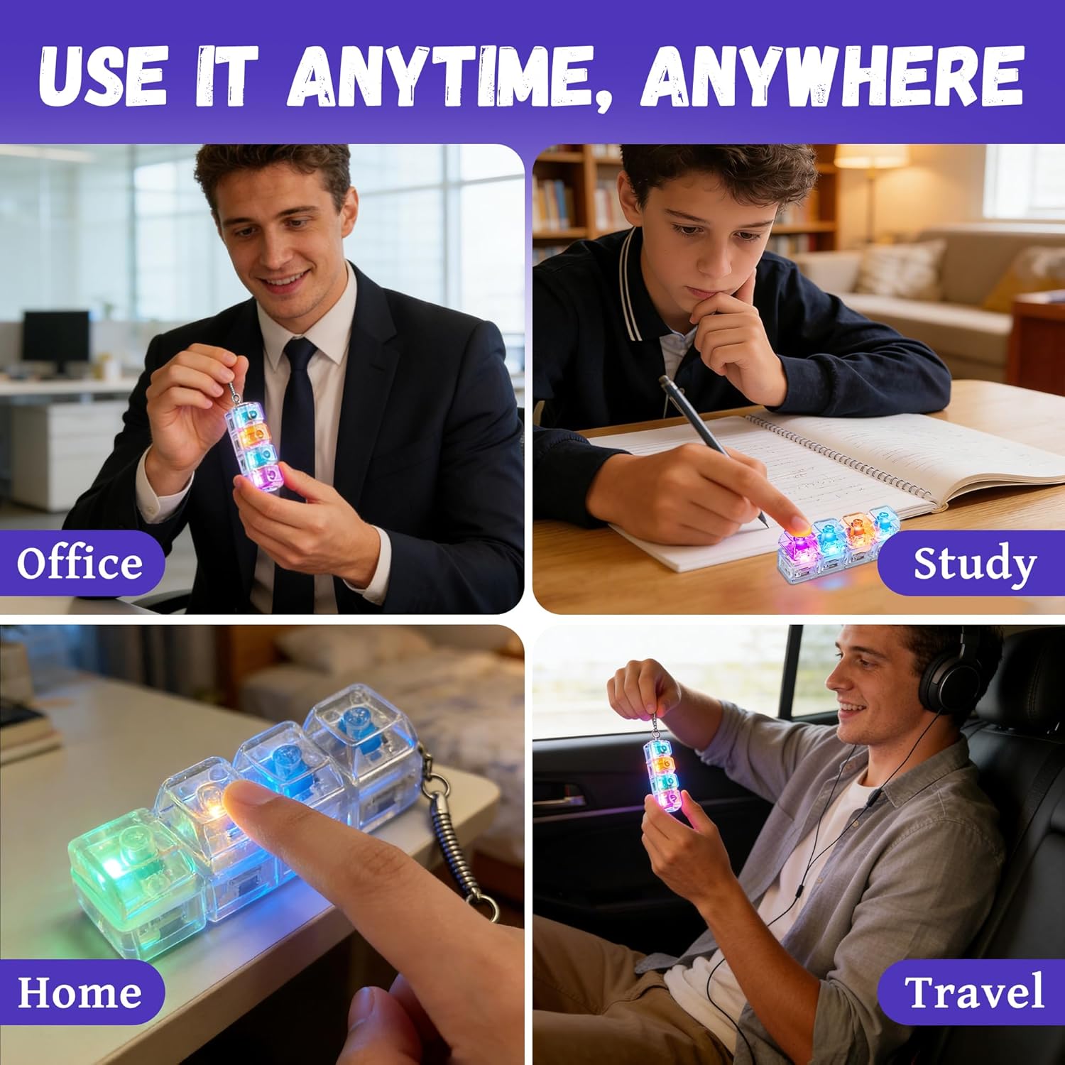 4 Pcs Keyboard Fidget Toy, Keyboard Keychain Clicker 4-in-1 Transparent Clicky Button with LED Lights, Finger Clicker Stress Relief Sensory Decompression Toy Portable Mini Keyboard Pendant for Adults