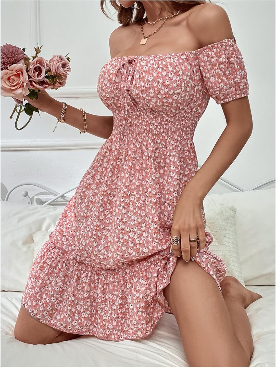 SweatyRocks Women's Off Shoulder Floral Dresses Ruffle A Line Smocked Vacation Boho Mini Dress - Image 3
