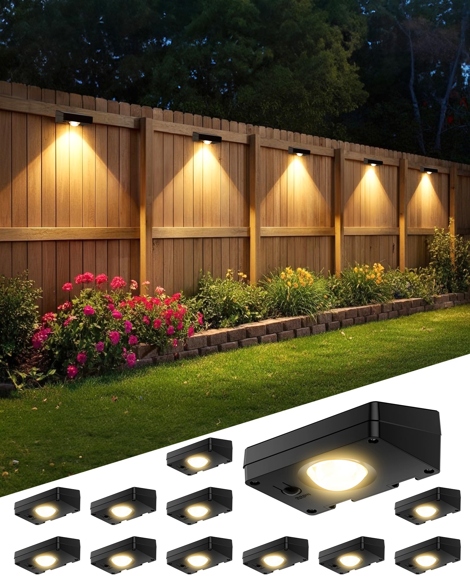 Luci Solari Da Esterno, 12 Pezzi, Lampade Solari da Esterno da Giardino Tricolore, Impermeabili IP44, Applique Led per Scale, Gradini, Recinzioni, Cancelli e Cortili (Nero)