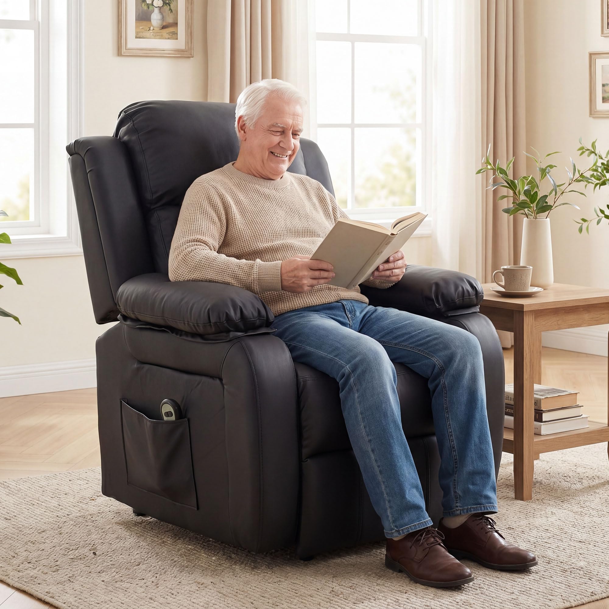 HOMCOM Fauteuil releveur électrique, Fauteuil Relax électrique avec Repose-Pied, Dossier inclinable, télécommande et Poches latérales, revêtement en PU, pour Personnes âgées, Noir