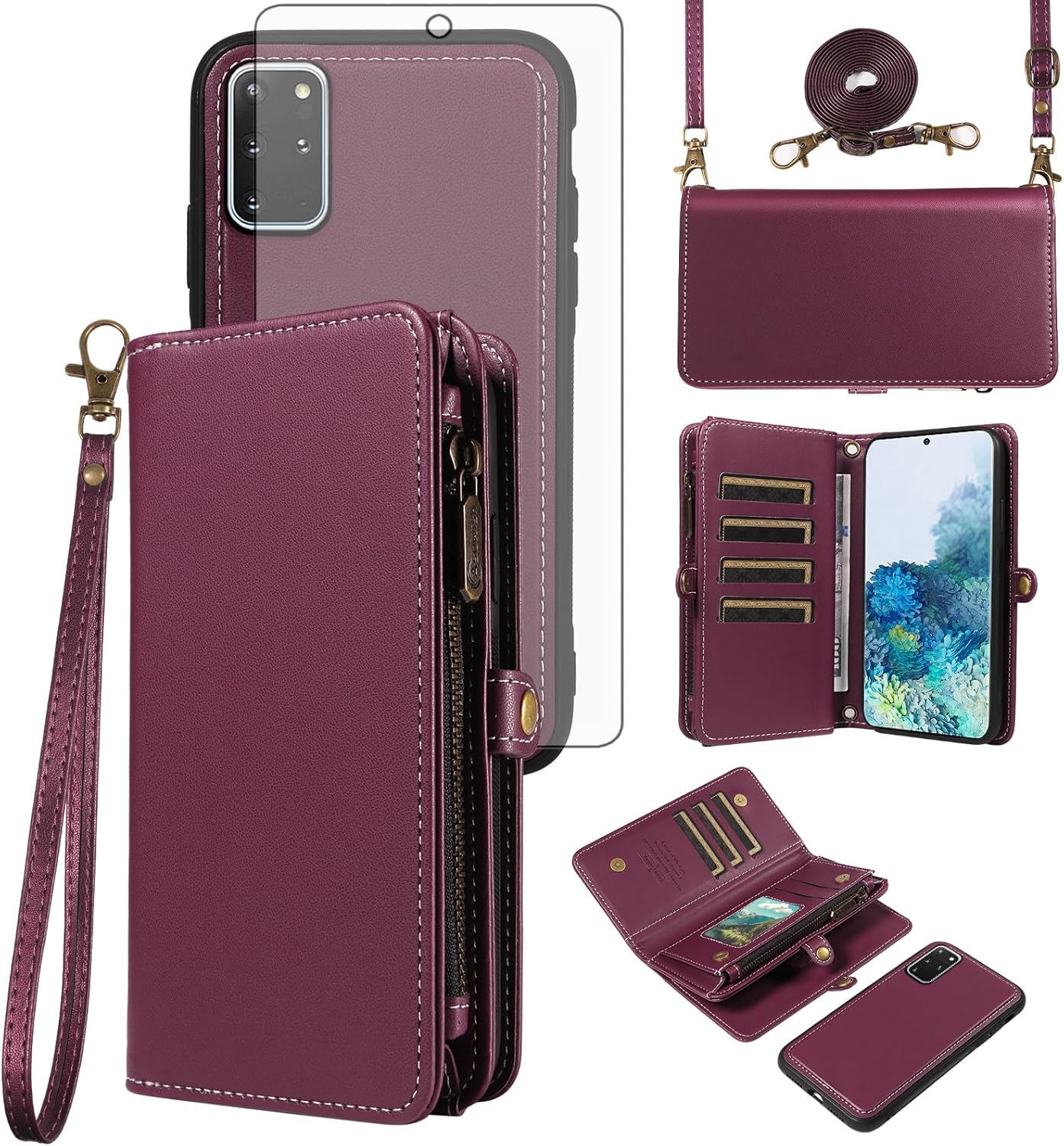 Phone Case for Samsung Galaxy S20 Plus S20+ 5G Zipper Wallet Detachable Cell Cover with Screen Protector Crossbody Lanyard Strap Flip Card Holder Slot S20plus 20S + S2O S 20 20+ G5 6.7 Dark Purple