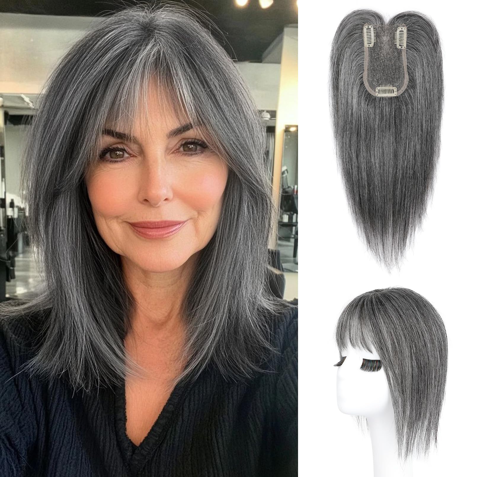 Photo 1 of HOOJIH Real Human Hair Topper with Bangs for Women with Thinning Hair Large Base Handmade Invisiable Lace Topper Wig- Natural Black