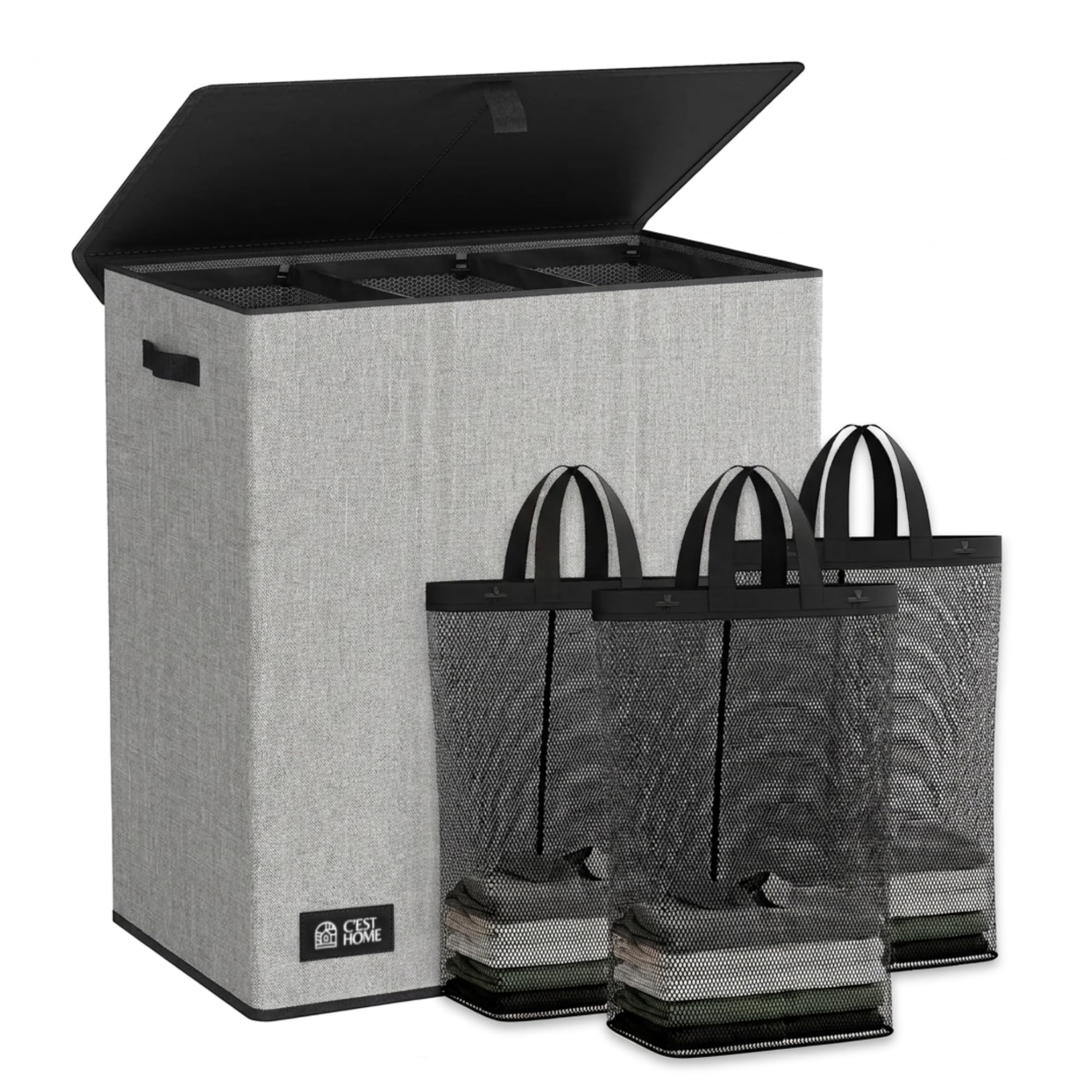 C’est Home 160L Laundry Hamper, Large 3-Section Clothes Basket with Lid & Removable Washing Bags, Foldable Laundry Sorting Bin for Home Bedroom Bathroom (Grey)