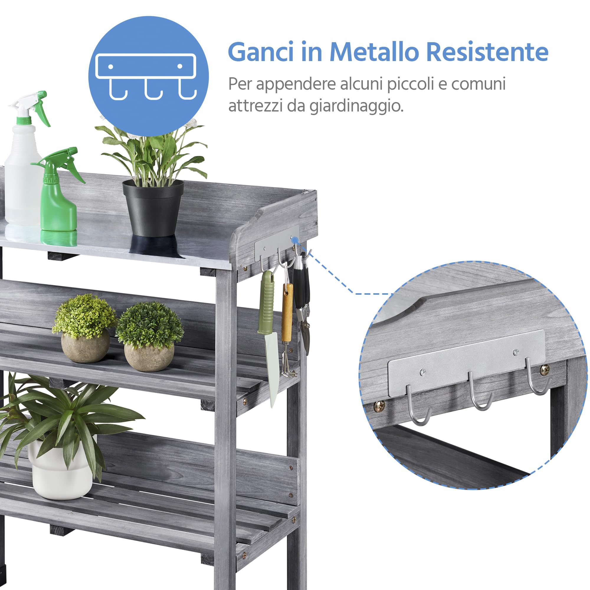 Yaheetech Tavolo da Giardino per Piante in Legno con Gancio Spazioso Banco da Lavoro con Piano in Metallo per Giardinaggio 77 x 37 x 90 cm Grigio