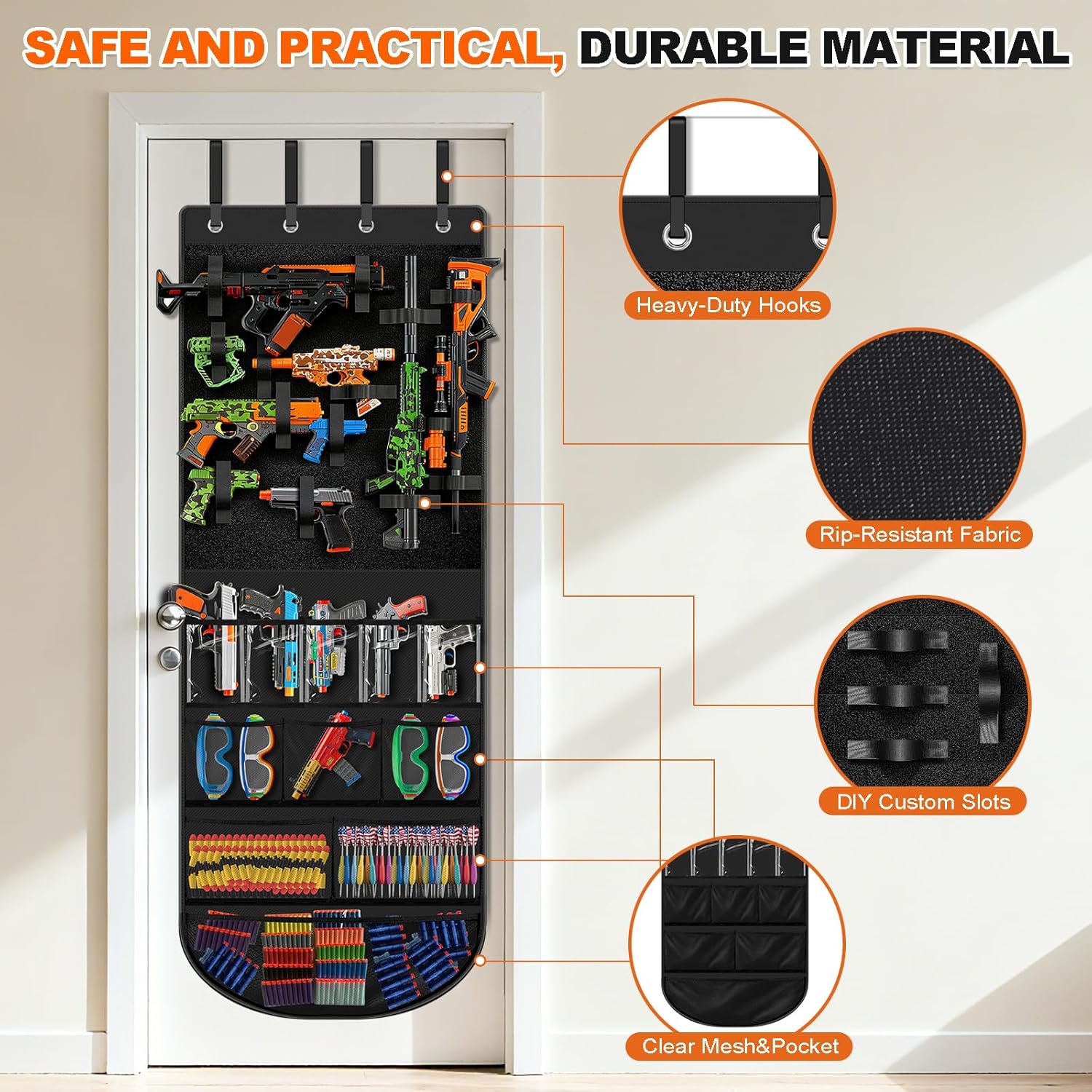 Advanced Over Door Toy Gun Organizer with Wide Hook and LoopStraps, Superior Hold for Blasters, Water Guns,Accessories,Customizable Storage with 11 Pockets & 25 Straps forKids Room (Black)