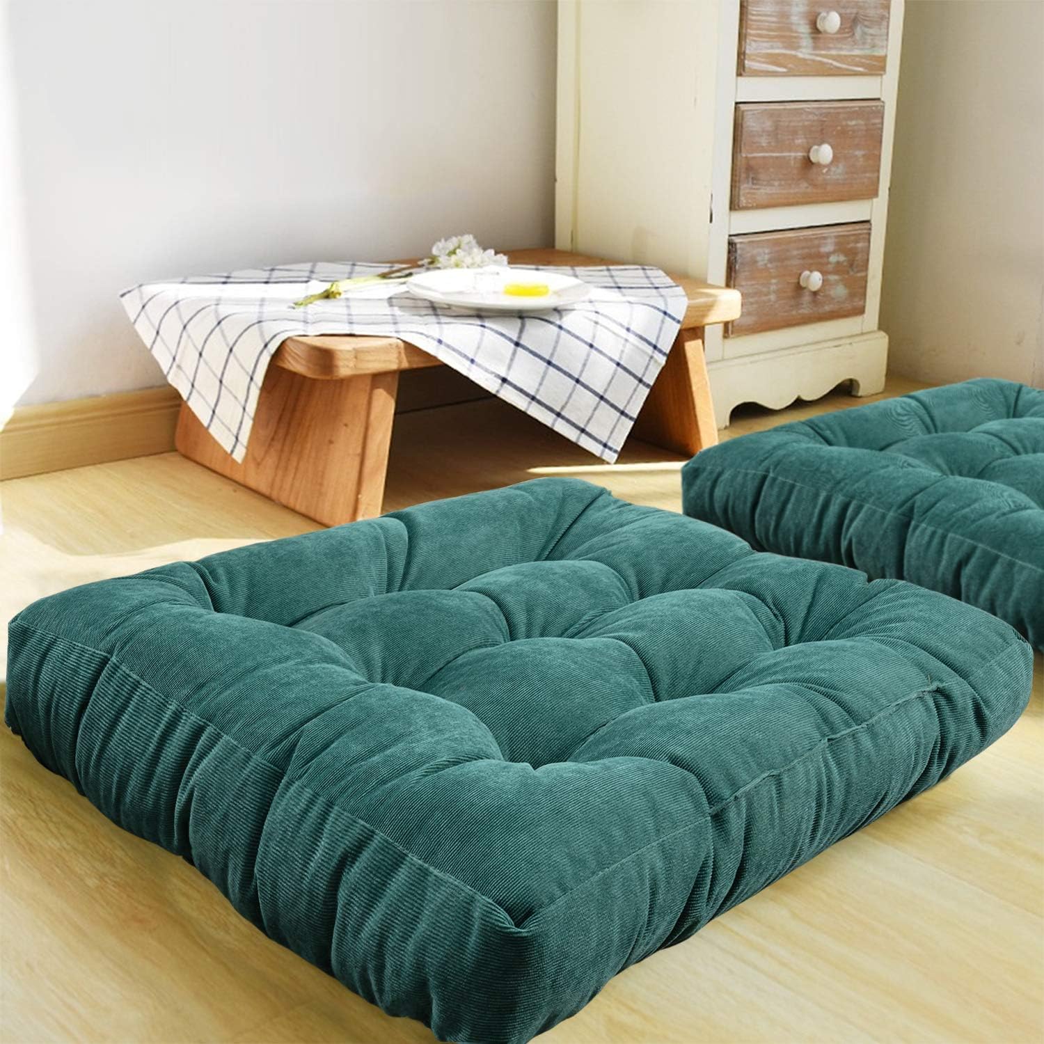 HIGOGOGO Square Meditation Pillow, Large Floor Pillow Solid Thick Tufted Seat Cushion for Balcony Bedroom Tatami Living Room, Dark Green, 22x22 Inch