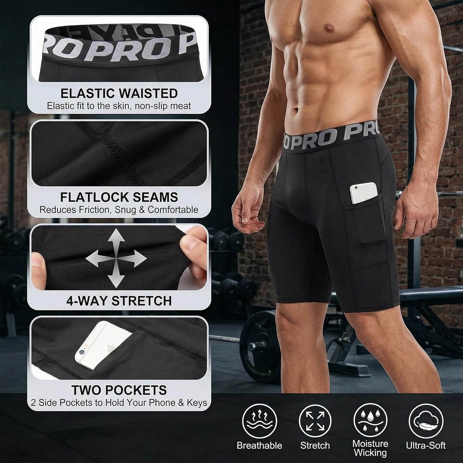YUSHOW 3 Pack Compression Shorts for Men Cool Quick Dry Athletic Undershorts with Pockets Workout Shorts Running Tights Gym - Image 3