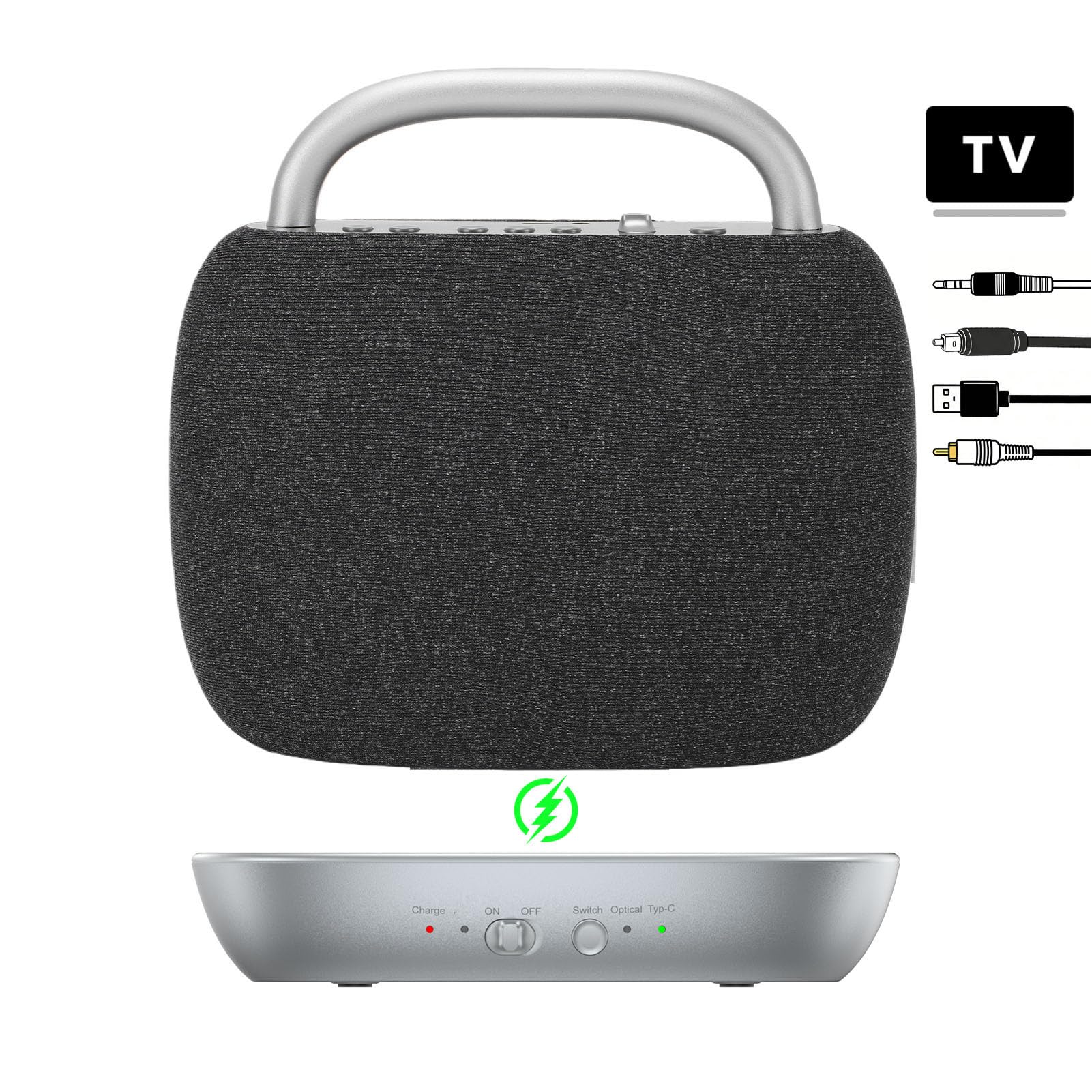 Elprico Haut-Parleur TV sans Fil, 2,4 G et Bluetooth 5.4, Boîte de Son Portable avec Base émetteur, Batterie 40 Heures, Portée de 30,5 M, Connexion Optique AUX AV pour Personnes âGées