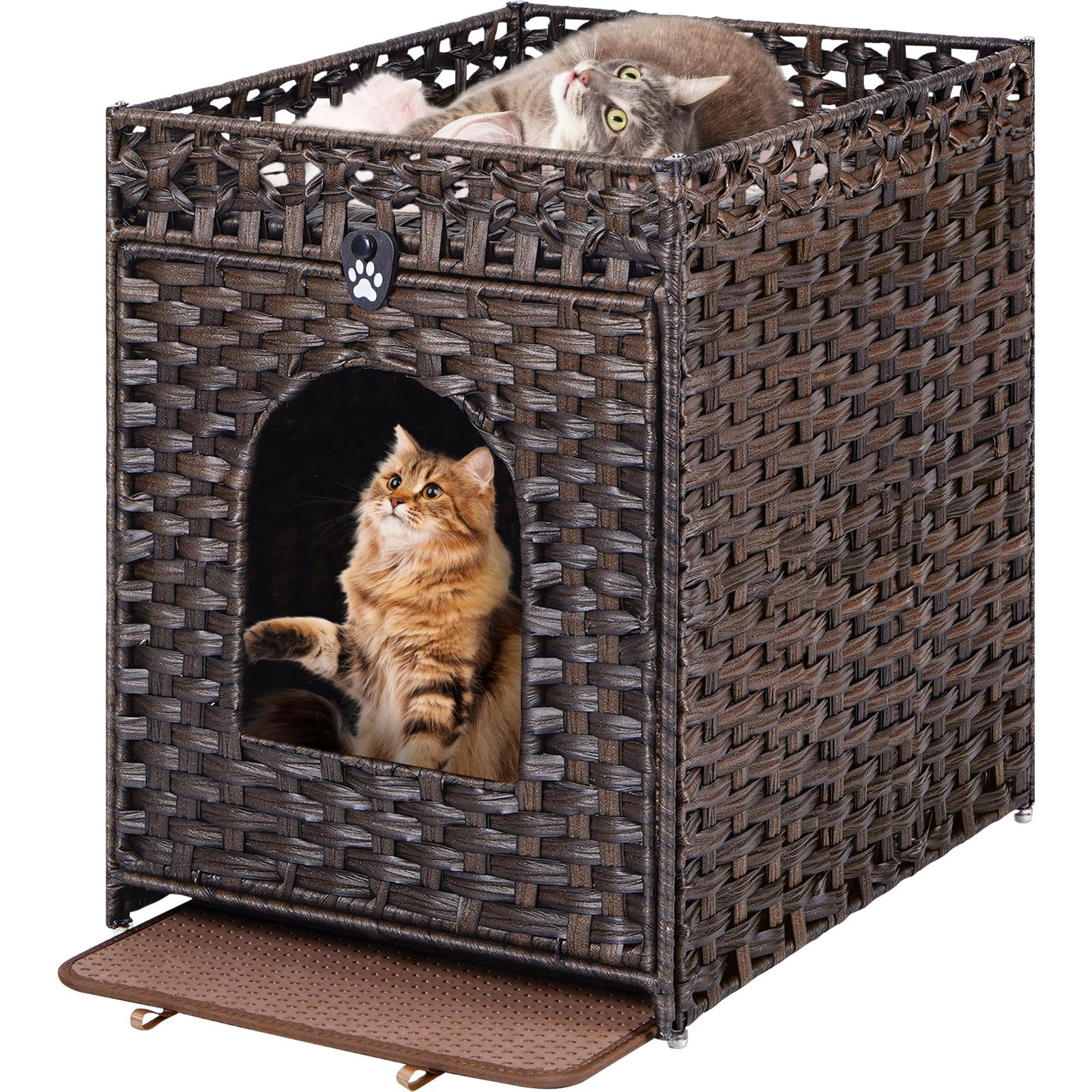 Snughome Cat Litter Box Enclosure with Cat Litter Mat, Hidden Cat Washroom Furniture with Door, Handwoven Rattan Cat Washroom Box, Indoor Pet House Storage for Living Room, Bedroom, Balcony (Brown)