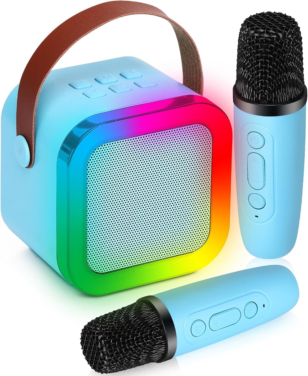 Mini Karaoke Machine with 2 Wireless Microphones, Blue | For Kids Adults, 18 Pre-Loaded Songs, Portable, For Girls Toys 4, 5, 6, 7, 8, 10, 12+ Years Old Teens Birthday