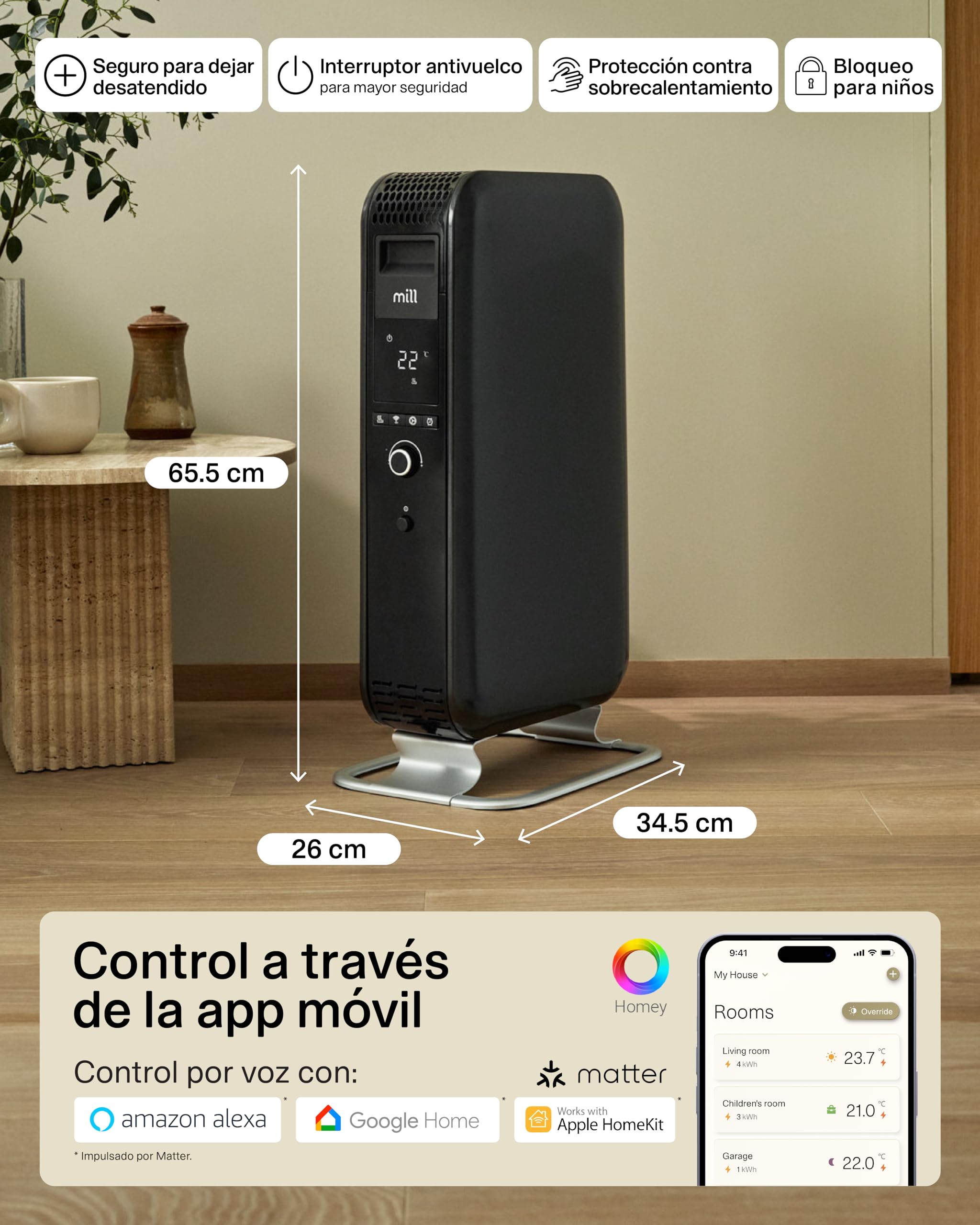 MILL Radiador de Aceite 1500 W WiFi, Calefactor Eléctrico Inteligente con App para 18–22 m², Radiador Eléctrico de Bajo Consumo Diseñado en Noruega, Silencioso y Seguro, Radiador de Pie, Negro