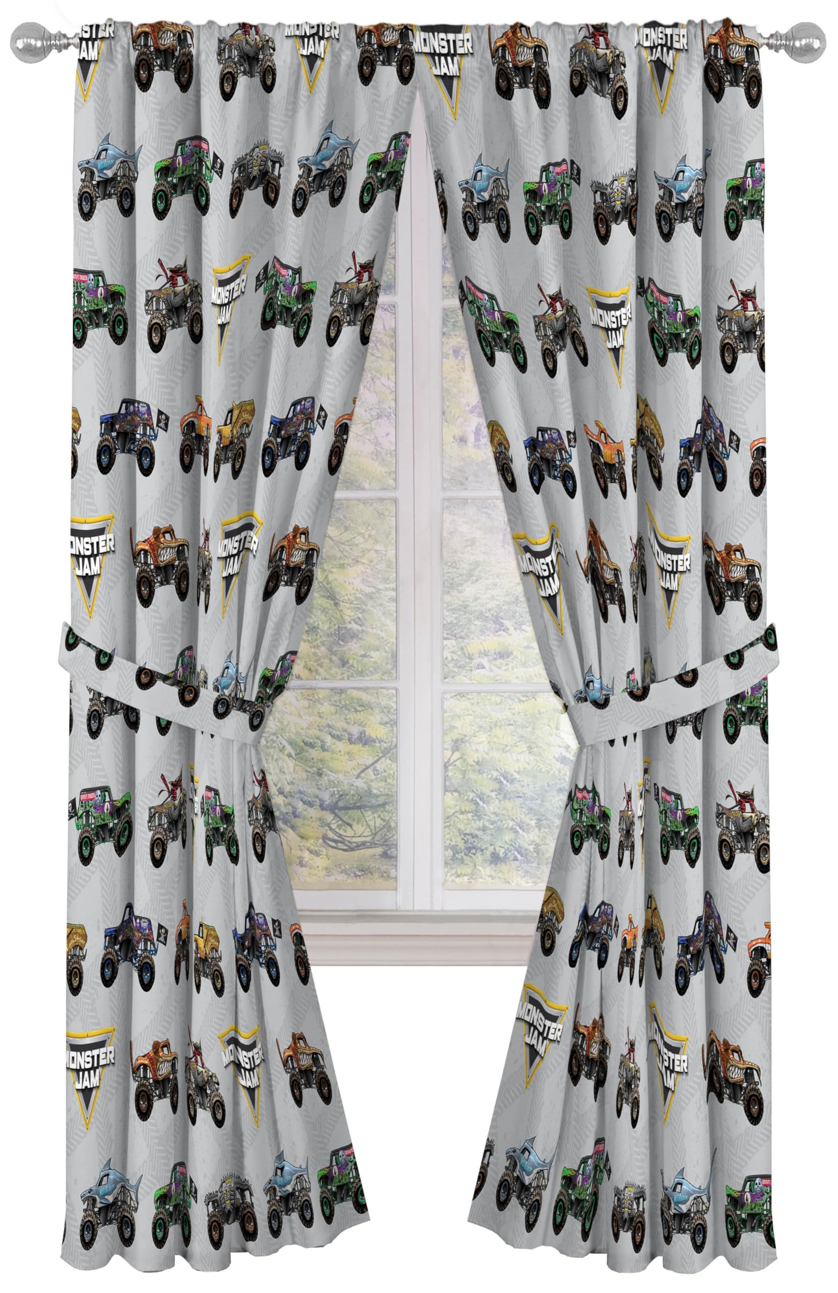 Jay Franco Window Curtains for Kids Bedroom 4-Piece Drape Set with 2 Tiebacks, Grey - Monster Jam, 42" W x 84" L (Pack of 2)
