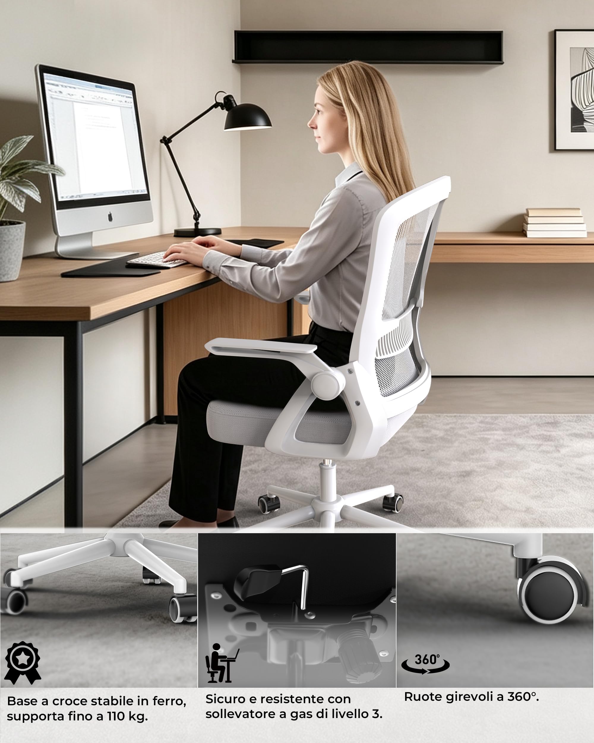 rattantree Sedia da Ufficio Scrivania Ergonomica, Con Braccioli Pieghevoli,Seduta e Schienale in Rete Respirante, Altezza Regolabile, Girevole con Ruote, Funzione Oscillante - Grigio