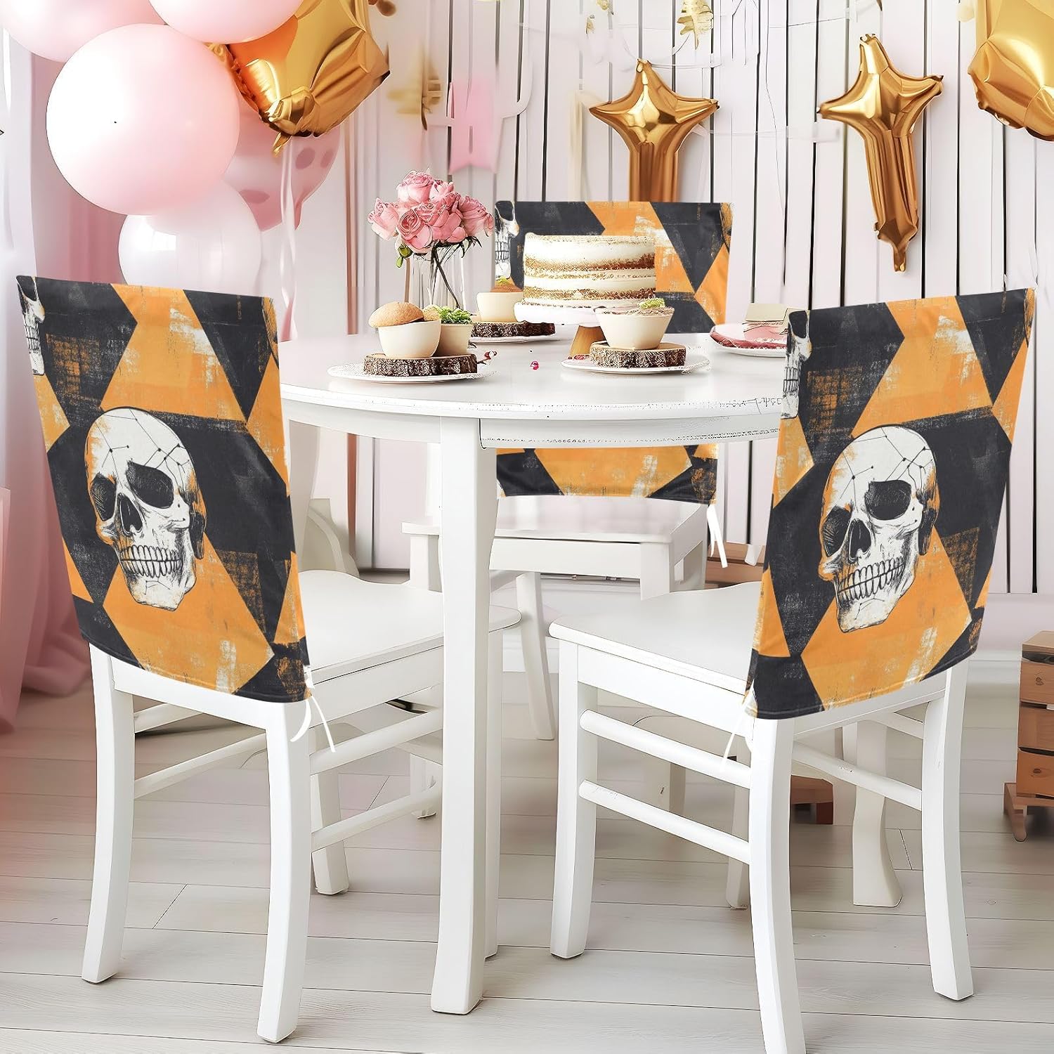 ALAZA Vintage Skulls Geometric Chair Back Cover Set of 6, Washable Reusable Removable Chair Slipcovers Decorative Chair Cover for Home Kitchen Wedding Party