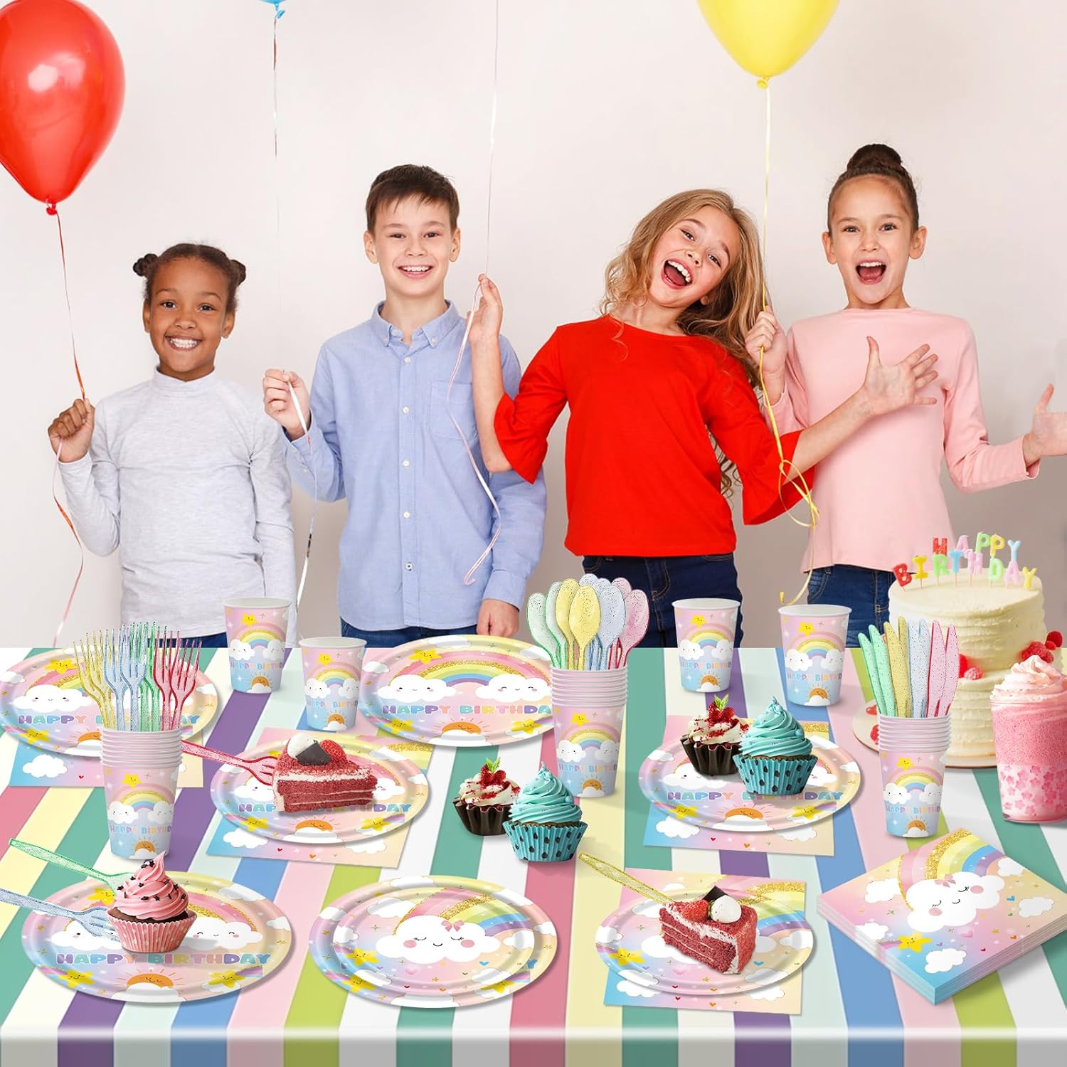 169 PCS Rainbow Party Decorations Serve 24 Guests Pastel Rainbow Plates and Napkins Party Supplies Dinnerware Sets for Girls Kids Adults Colorful Decor Themed Baby Shower - Image 7