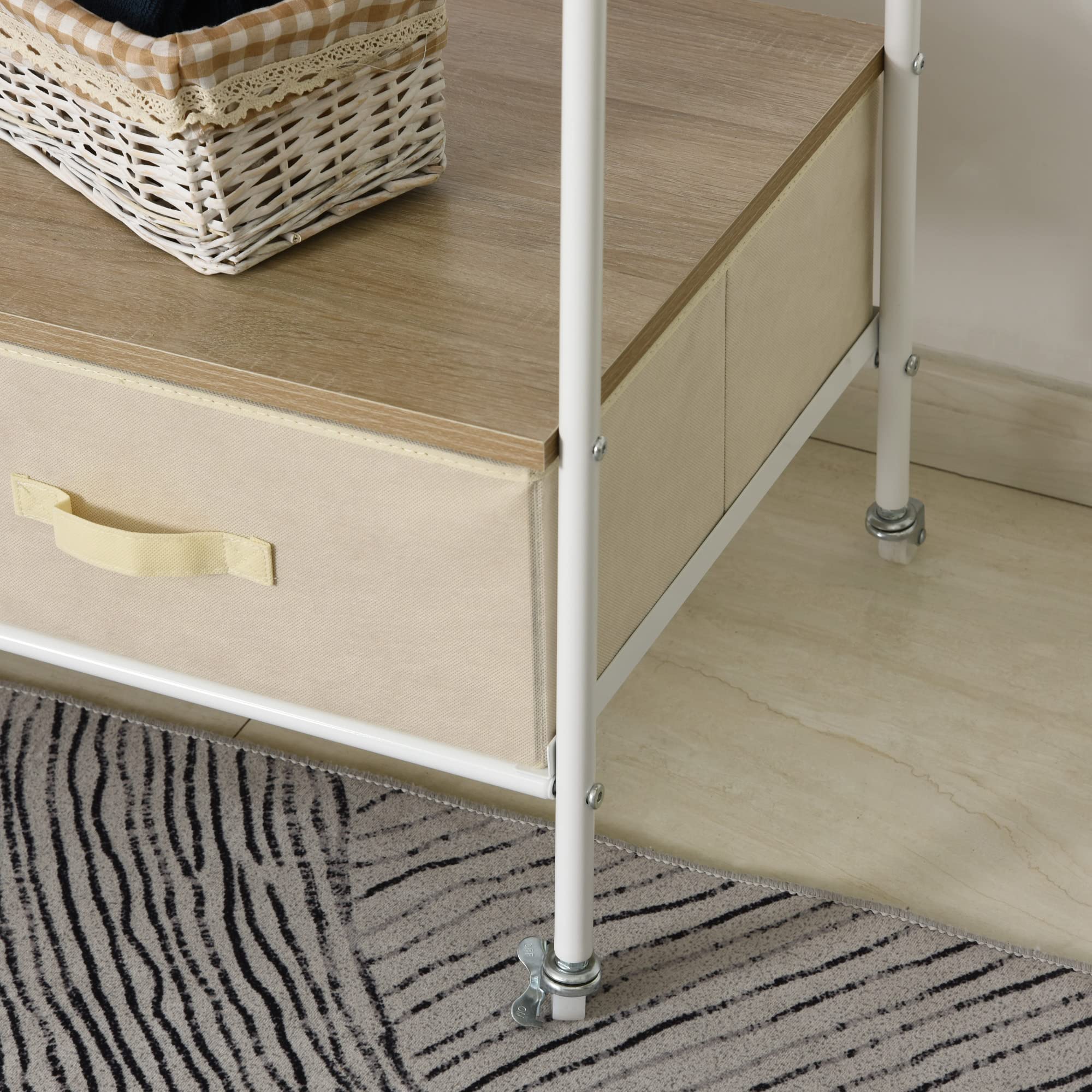HOMCOM Perchero Metálico con Ruedas para Ropa con Riel Cajones 99x47x185cm | Colgador para Ropa, Estantes, Organizar Bolsos Zapatos, Hogar Vestidor Pasillo