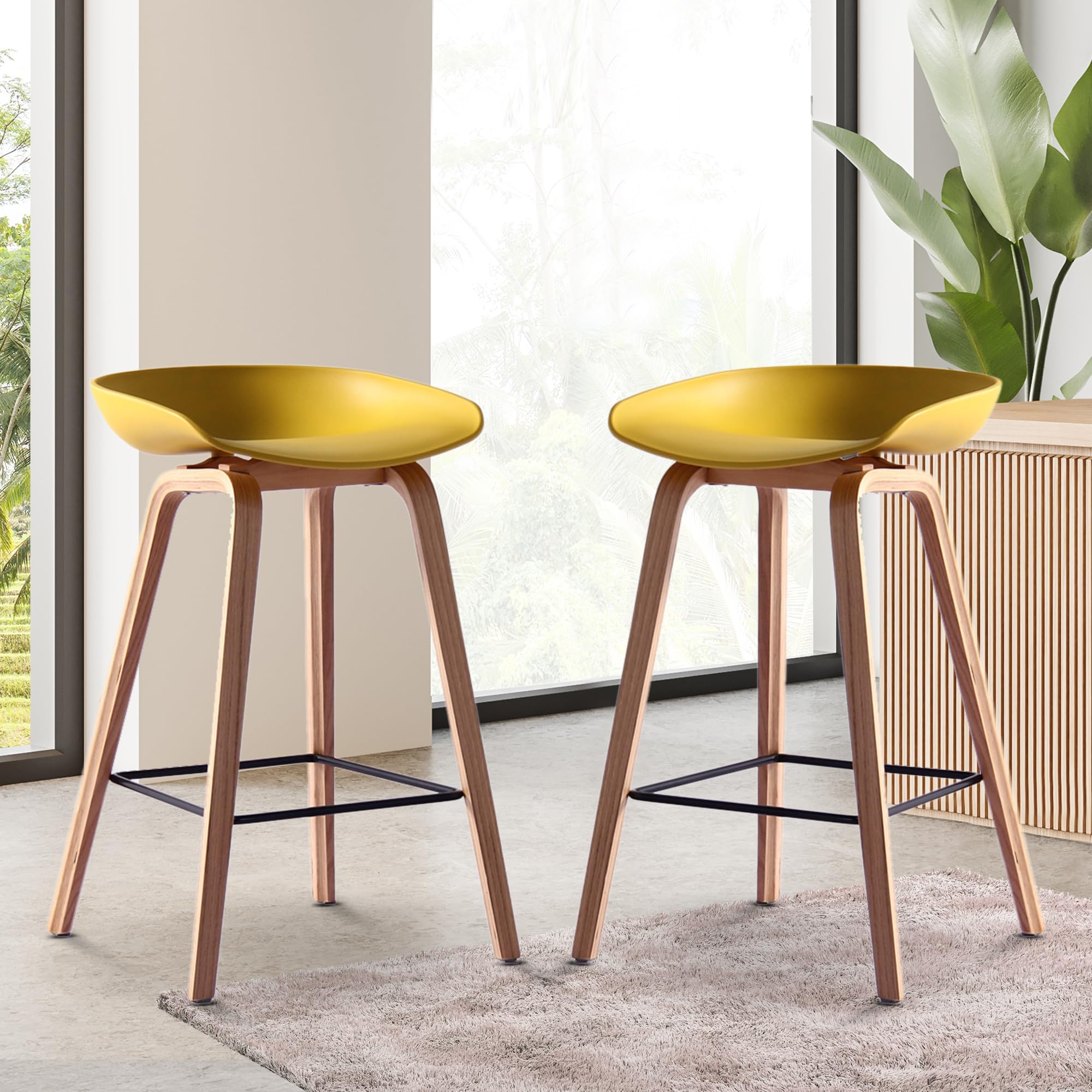 creative modern designer bar stool with curved seat, wooden finish metal legs & metal footrest – premium counter height chair for kitchen, dining & bar (yellow)
