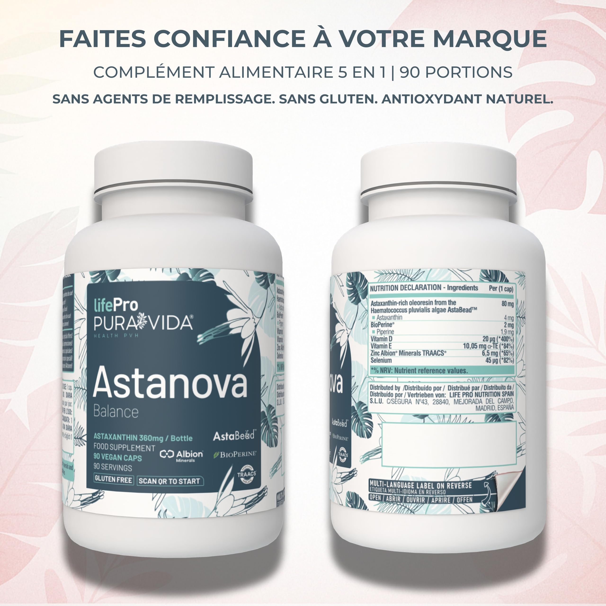 Life Pro Astanova Astaxanthine Pure 4mg avec Vitamine D3 E Zinc Sélénium, Antioxydant Puissant, 90 Gélules Véganes