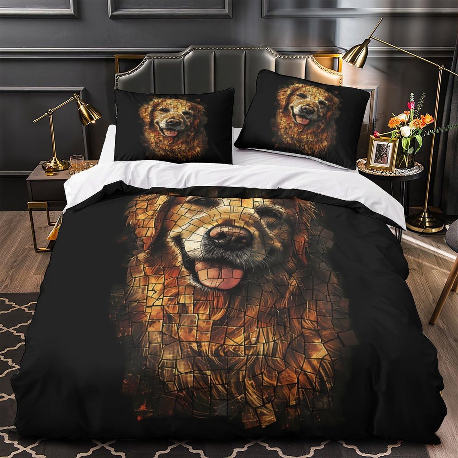 MMDASBVPE GoldenRetriever Quilt Cover 3D Print Easy Care 3 Pieces Bed Set Hidden Zipper ArtisticMosaicStyle Comforter Cover Extra Soft Washable for Adults Kids Teens Women Youth Single（140x200cm）