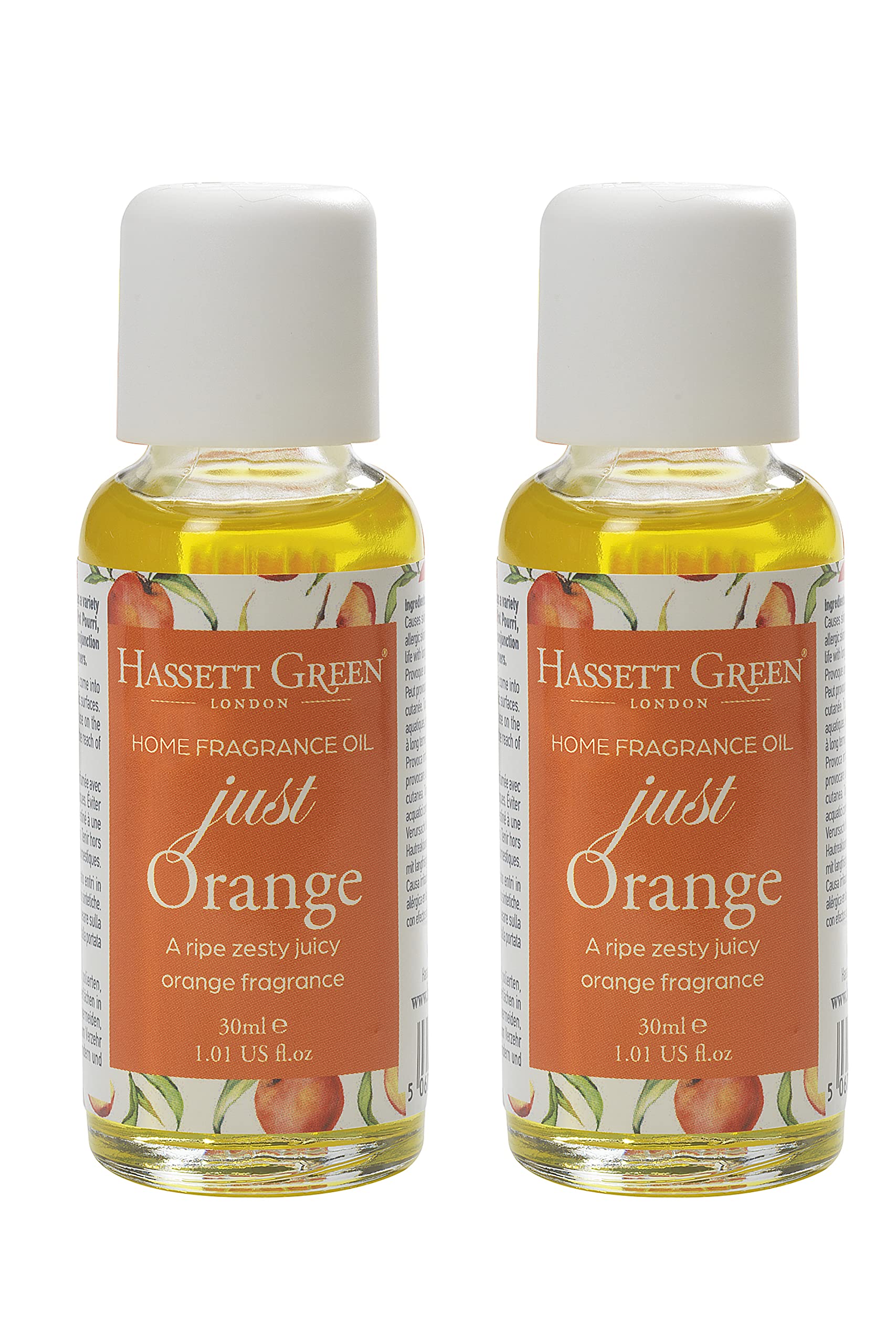 Hassett Green London Just Orange Fragrance Oil - 2 x 30ml Glass Bottles - Suitable for Ultrasonic Diffusers Humidifiers & More