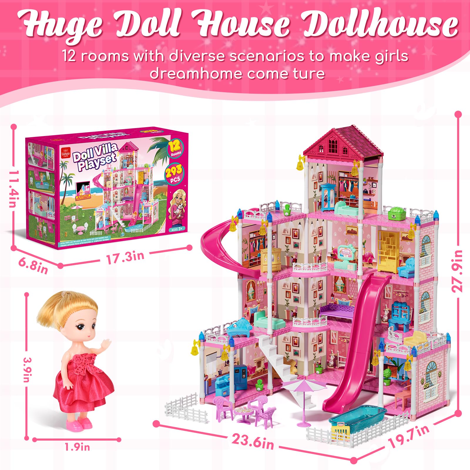 Lehoo Castle Doll House Dreamhome, 4-Story 12 Rooms Dollhouse Playhouse with Doll and Furniture, Pretend Dream Dollhouse Playset Pink Girl Toys, Sturdy Construction, Easy to Move, Ideal Gift Toy