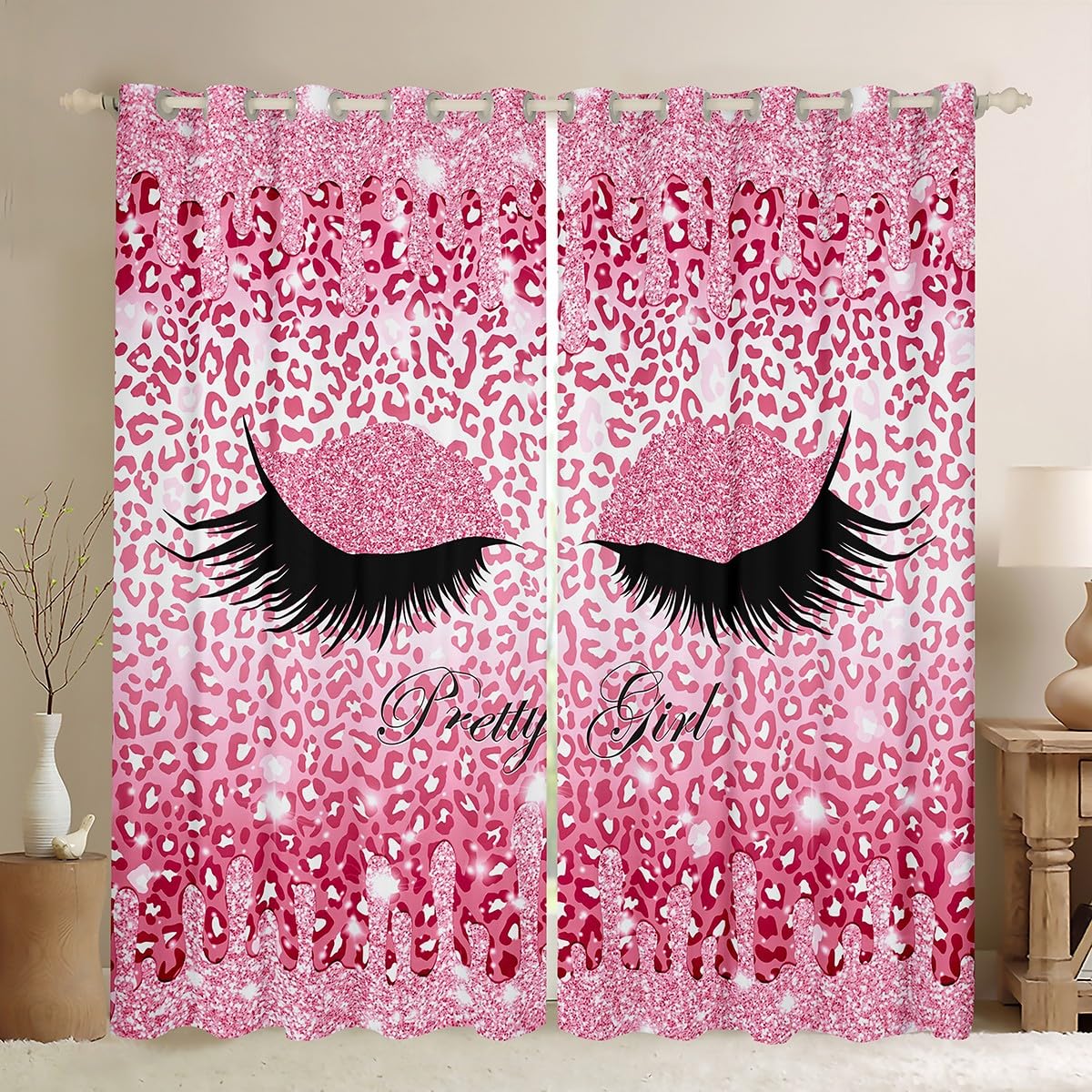 Pink Princess Blackout Curtains Elegant Eyelash Curtains & Drapes for Kids Teen Women, Cheetah Print Curtains Glitters Sequins Print Black Out Curtains, Sparkling Bling Makeup Window Drapes