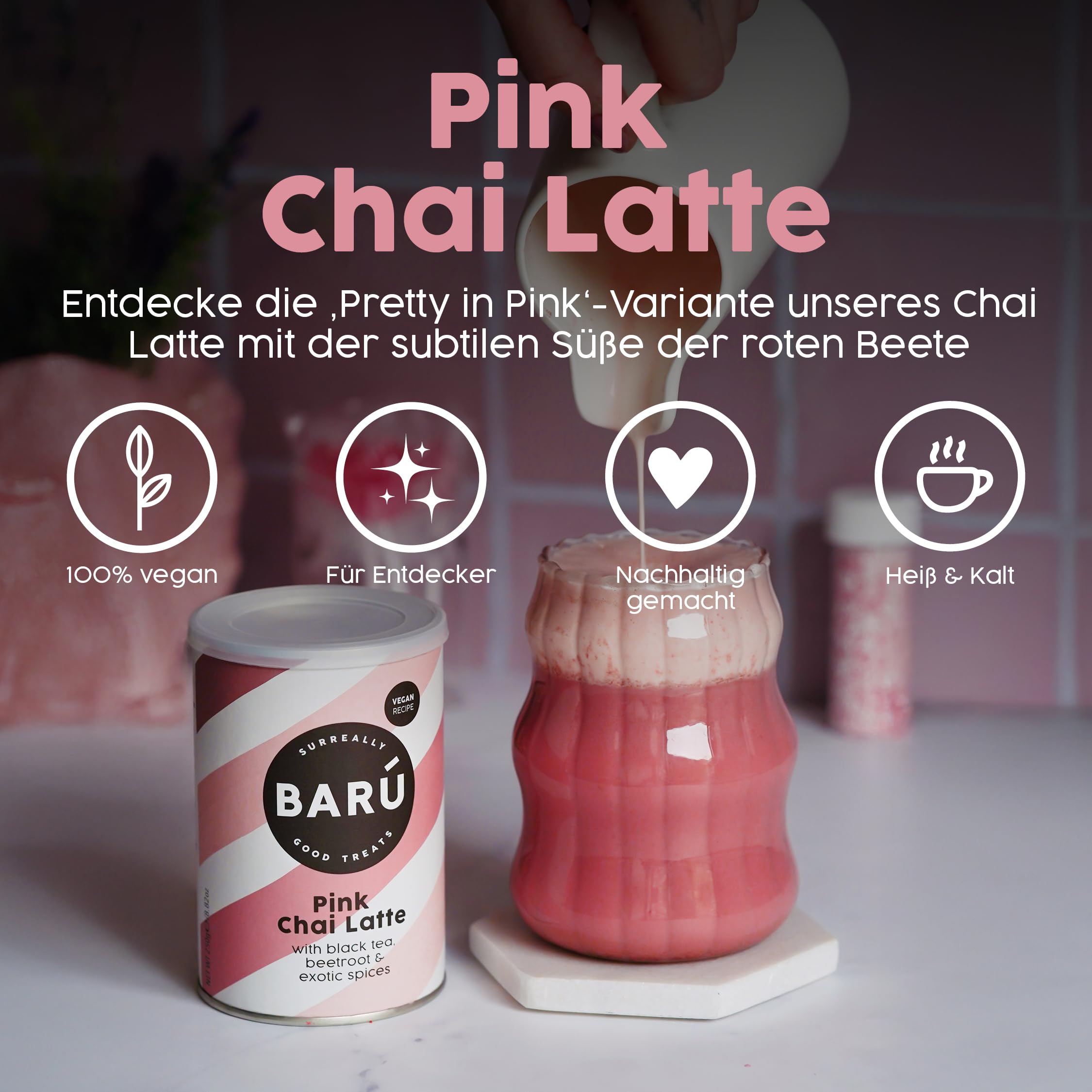 Barú Pink Chai Latte – Packung 4 x 250 g – Instant-Zubereitung mit Schwarztee, Gewürzen & Rote Bete – Vegan, natürlich, ohne künstliche Aromen – 48 Tassen – Handgemacht in Belgien