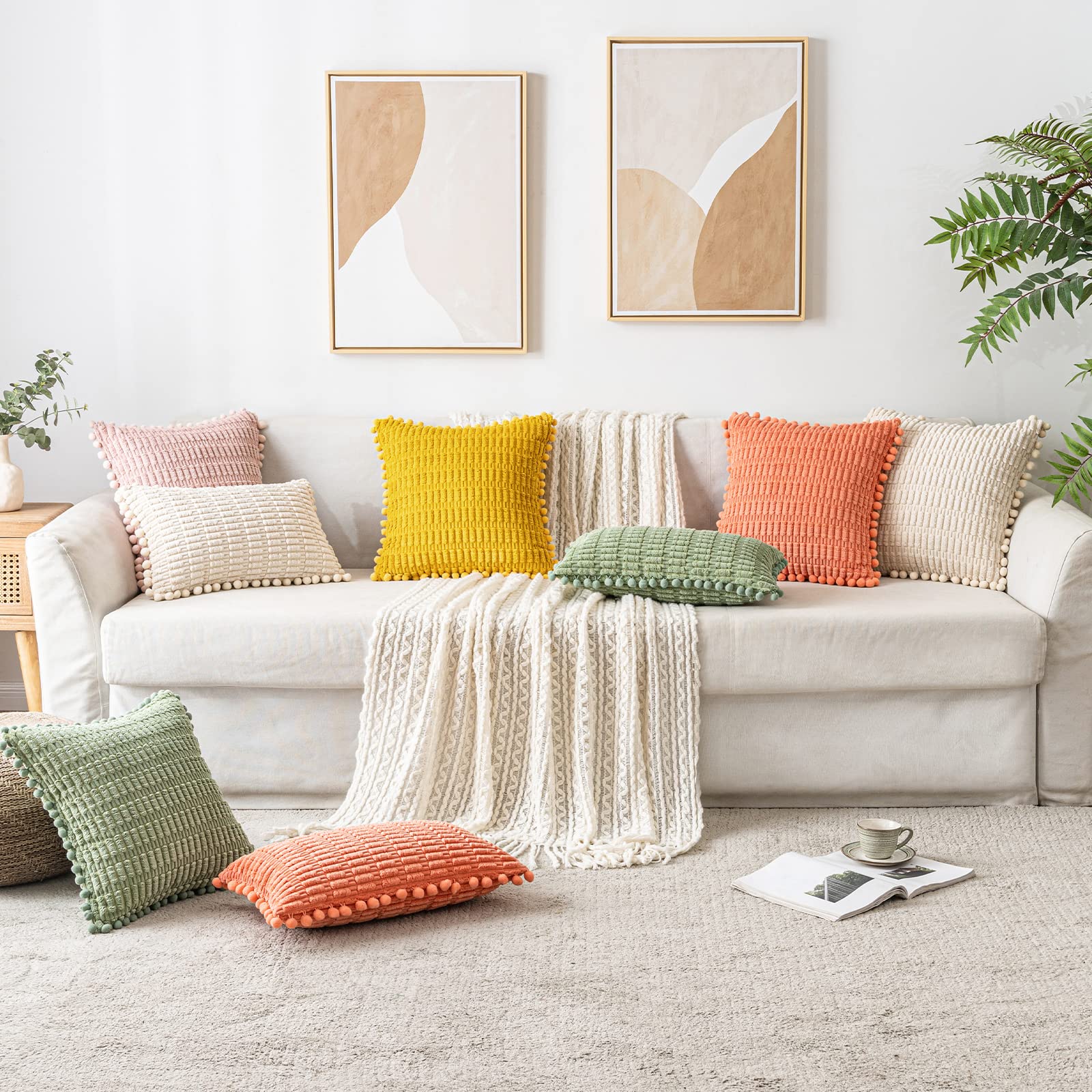 MIULEE Mustard Yellow Corduroy Decorative Throw Pillow Covers Pack of 2 Pom-pom Soft Boho Striped Pillow Covers Modern Farmhouse Home Decor for Sofa Living Room Couch Bed 18x18 Inch