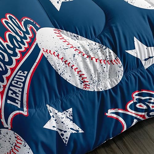 Miniatura 5 de QOOMO Edredón de béisbol 3D tamaño matrimonial, juego de edredón azul de béisbol para niños, juego de ropa de cama de 3 piezas con 2 fundas de