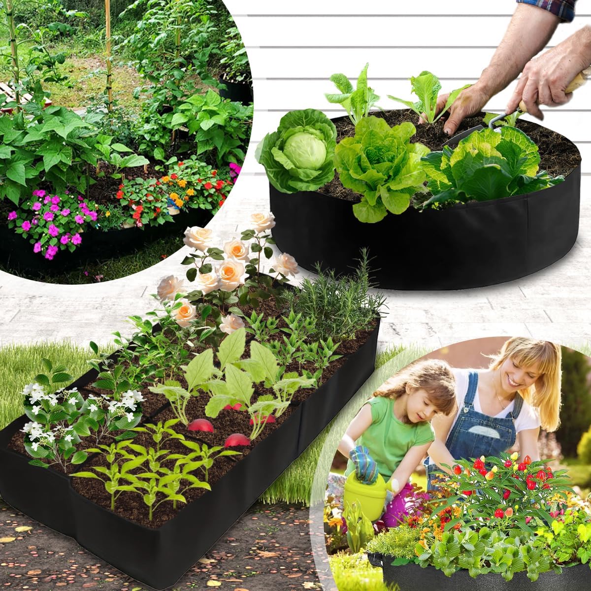 (2 Pack) 128 Gallon Rectangular Planting Bags and 50 Gallon Round Flower Bed Planting Bags, Suitable for Growing Vegetables, Potatoes and Flowers in The Garden