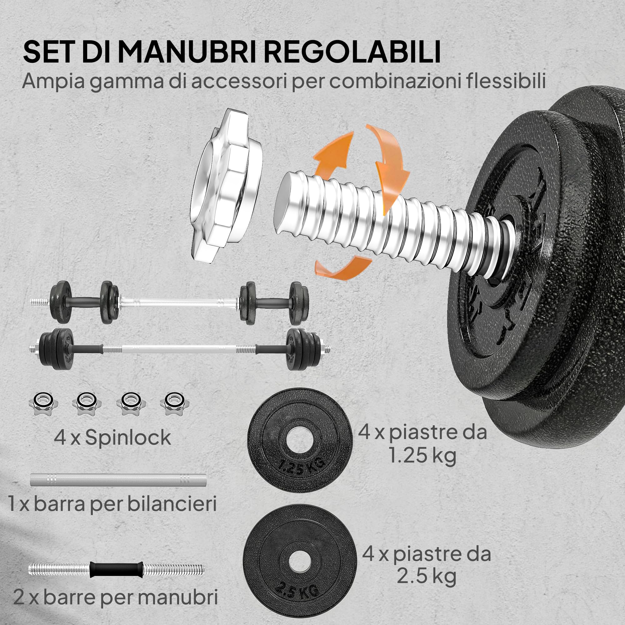 SPORTNOW Set di Manubri 2 in 1 da 20kg Regolabile con Impugnature Antiscivolo, Set Pesi e Bilanciere per Allenamento a Casa con 8 Dischi Pesi, Barra Bilanciere e 2 Barre per Manubri in Acciaio
