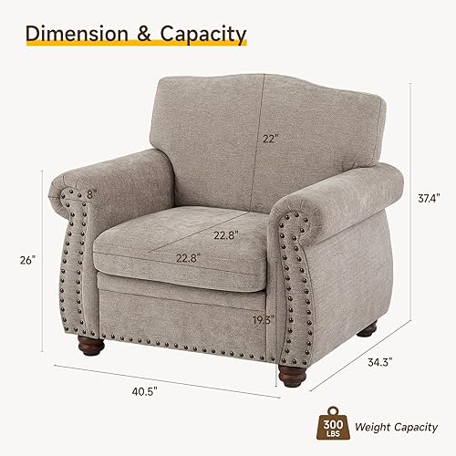 Miniatura 2 de ONBRILL Sillón con ribete de clavos, silla decorativa con brazo enrollado para sala de estar, cómoda silla de club de felpilla con cojines de