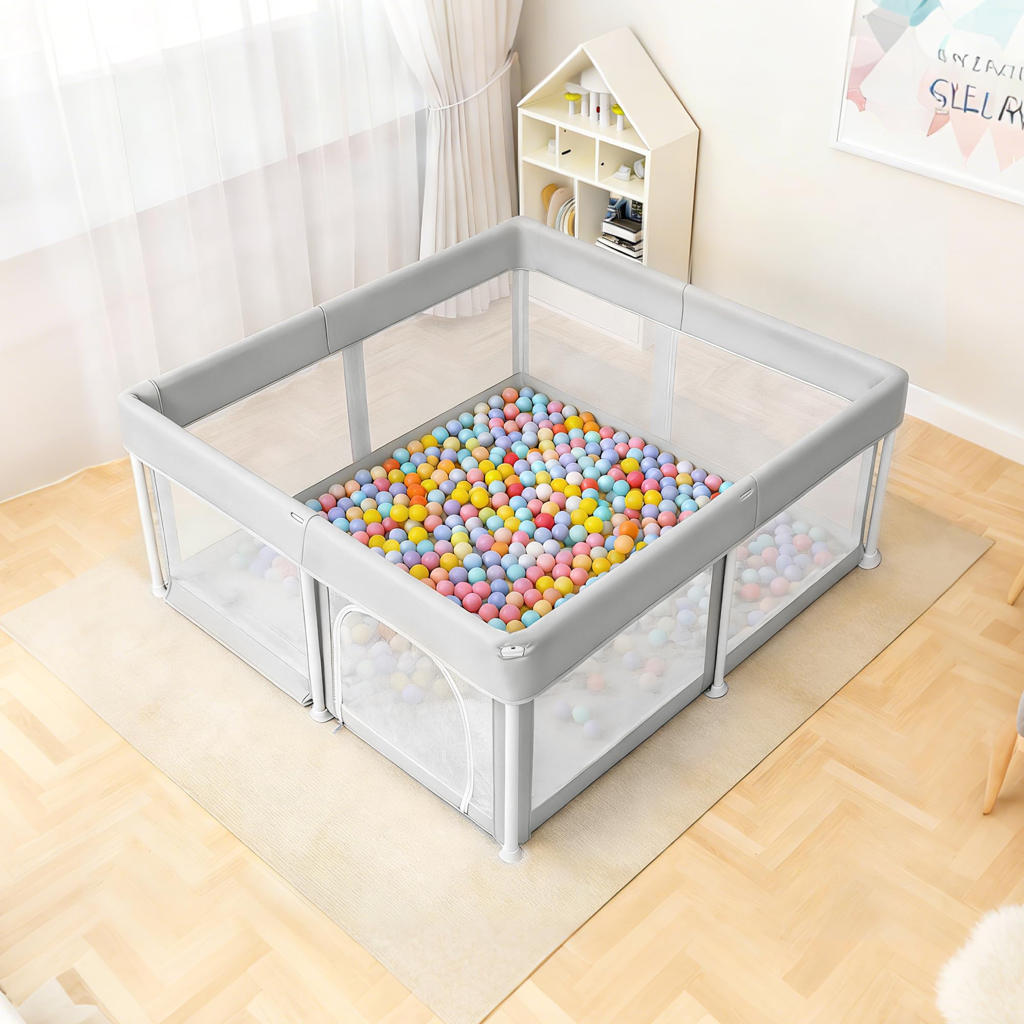Parc pliable pour bébé, 125 x 125 cm, gris clair | Parc pour bébé avec sac de rangement, grande zone de sécurité et maille respirante, parc pour intérieur/extérieur