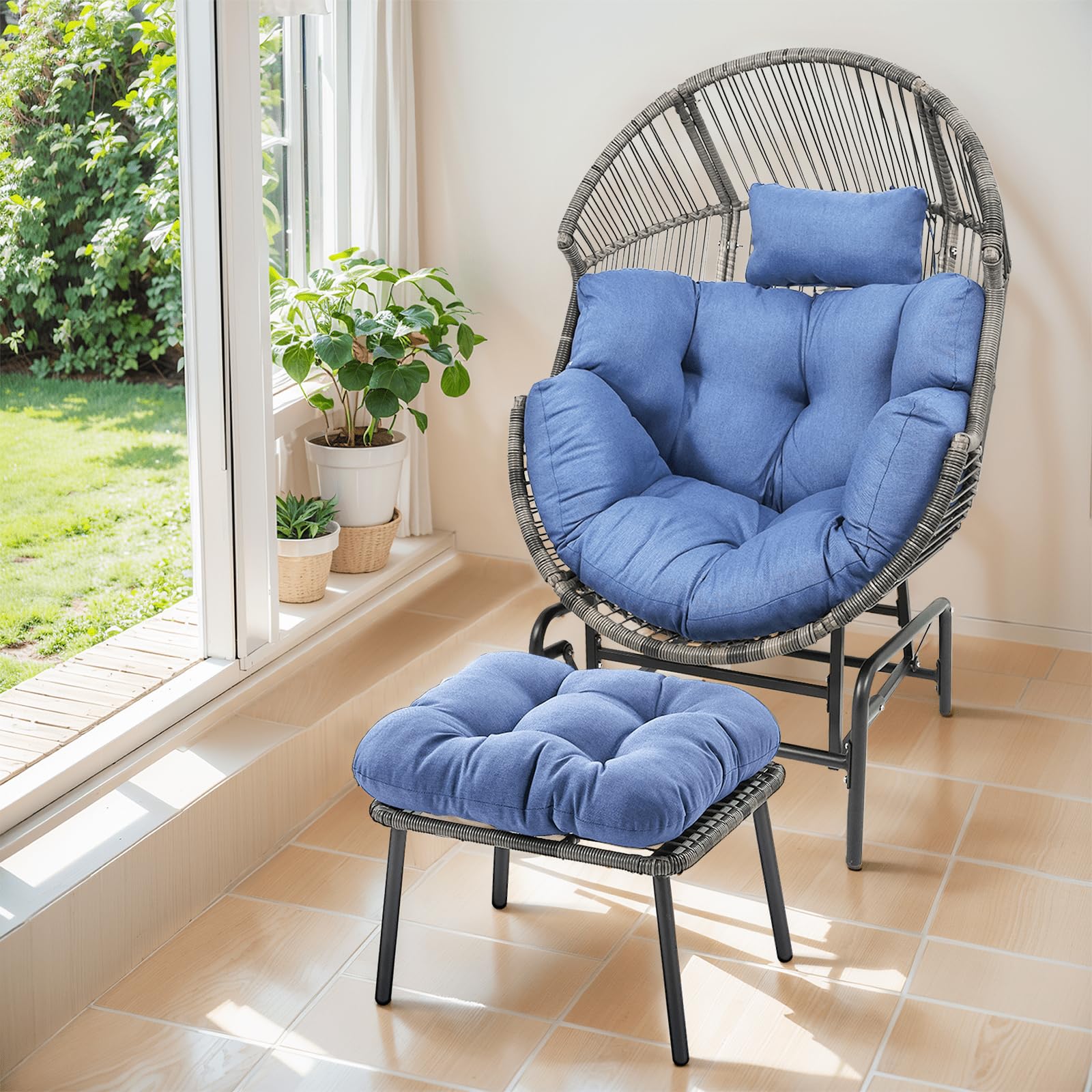 Belord 2 Piece Outdoor Egg Glider Chair - Single Patio Furniture Set, Egg Chair Lounge Glider with Ottoman and Water-Resistant Cushion for Balcony
