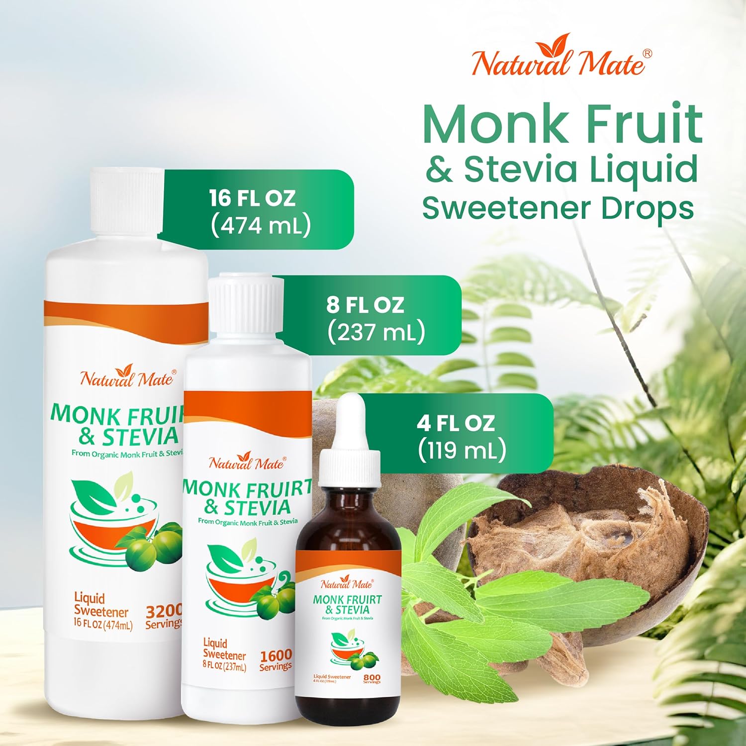 Natural Mate Monk Fruit & Stevia Liquid Sweetener Drops – Premium Organic Monk Fruit and Stevia Extracts, Sugar-Free, Zero Calories & Carbs, No Erythritol, – 16 fl oz Bottle (1 Pack, 3200 Servings)