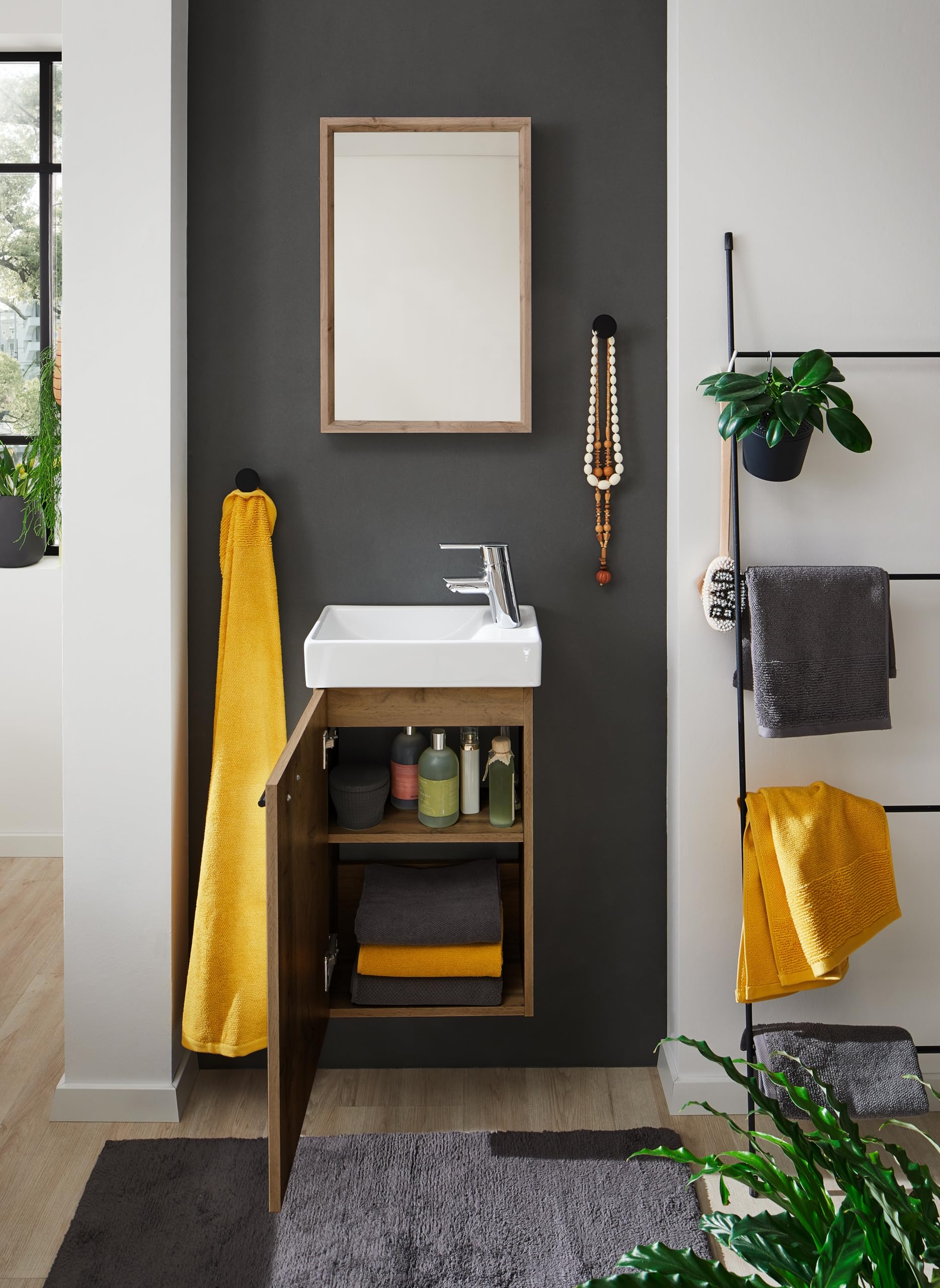 Mobile bagno salvaspazio con lavabo e specchio, Finitura Quercia, Ideale per spazi ristretti L.41 P.23 H.165 cm