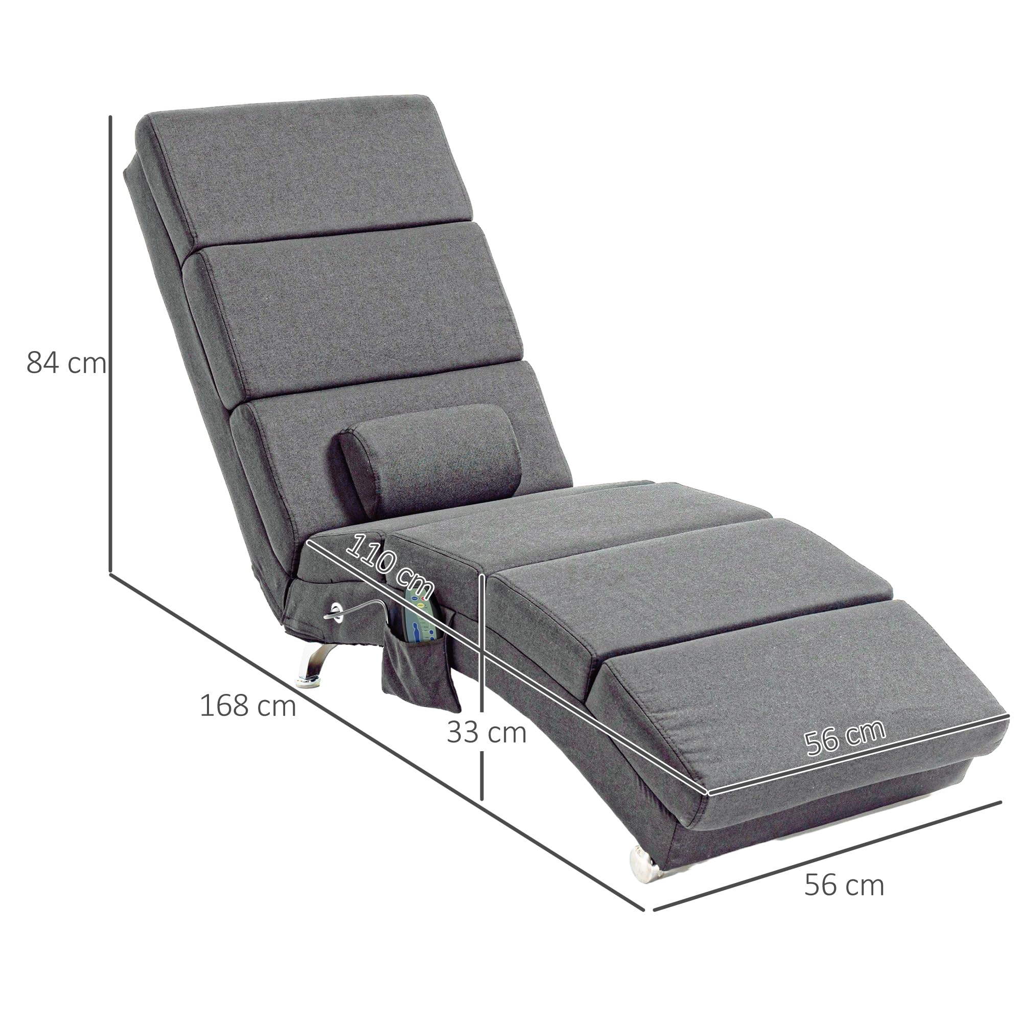 HOMCOM Poltrona Relax Massaggiante con 8 Punti Vibranti e Riscaldamento, 5 Modalità e 3 Timer, Chaise Longue Ergonomica in Tessuto Effetto Lino con Telecomando, Grigio