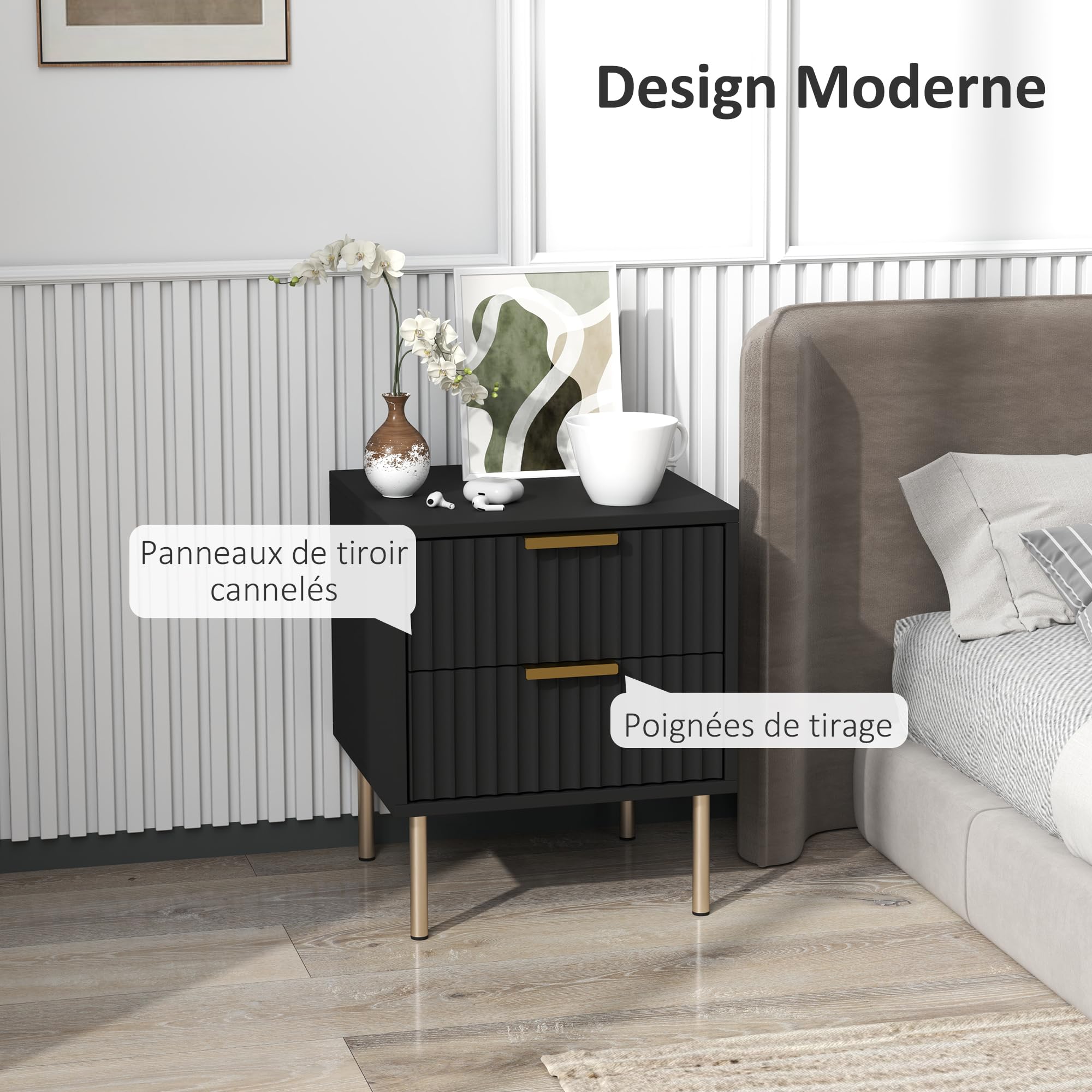 HOMCOM Table de Chevet Cannelée 2 Tiroirs Pieds Acier 40 x 39 x 48 cm Noir