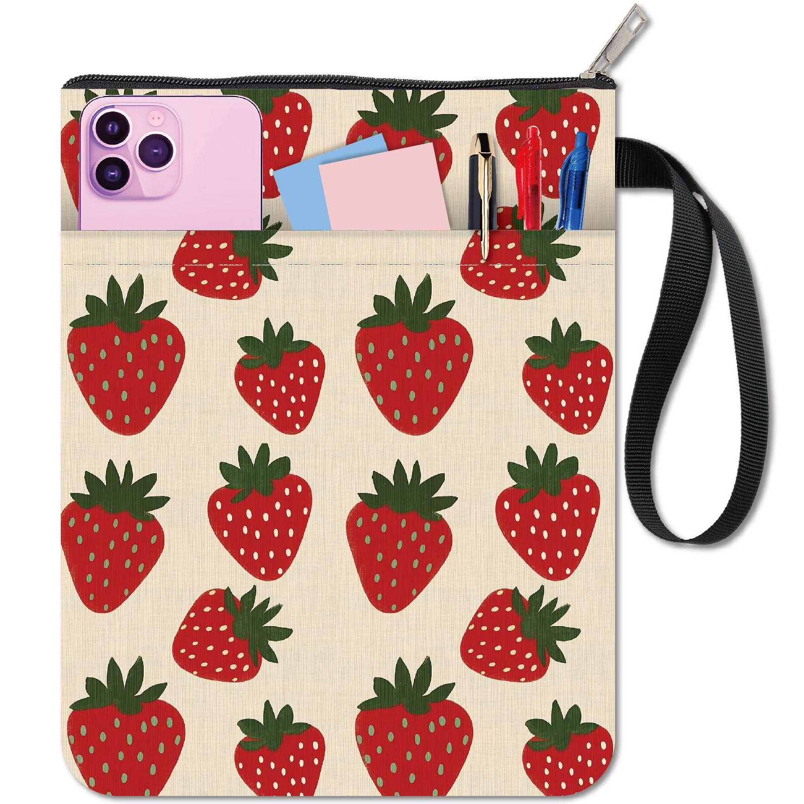 CRASPIRE 11x8.7 Cute Strawberry Book Cover Sleeve with Zipper Front Pocket Notebook Wraps Fruit Book Pouch Protector Washable Reusable Paperbacks Hardcover for Book Lovers Readers Book Decoration