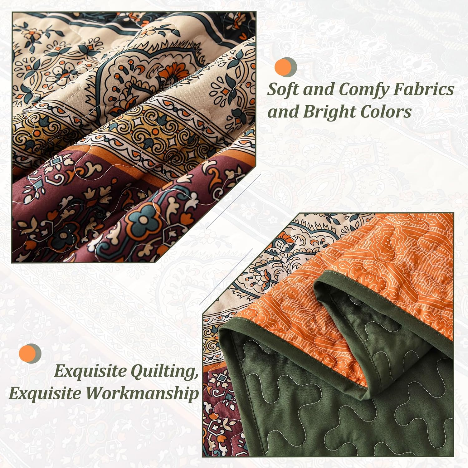 WONGS BEDDING Boho King Quilt Set, Green and Orange Bohemian Quilt Bedding Set, Fall Lightweight Bed Decor Bedspread for All Season Reversible Microfiber Coverlet Bedding Set 103"x90"(3 Pieces) - Image 4