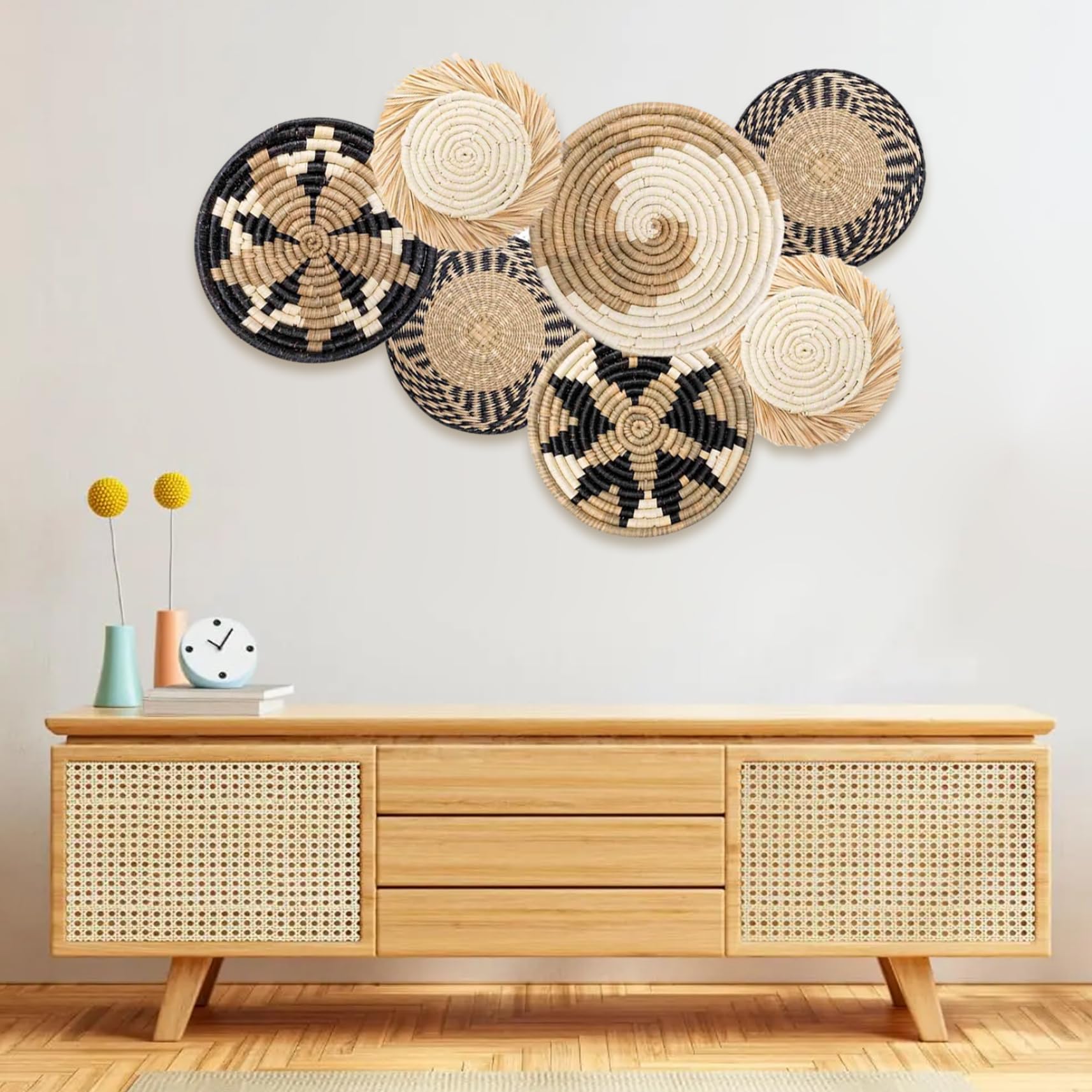 Esculturas de Pared Decoración de Cesta de Pared, 7 Piezas de decoración de Mimbre Tejido Colgante, 4 tamaños de Granja rústica, Dormitorio para Comedor Sala de Estar