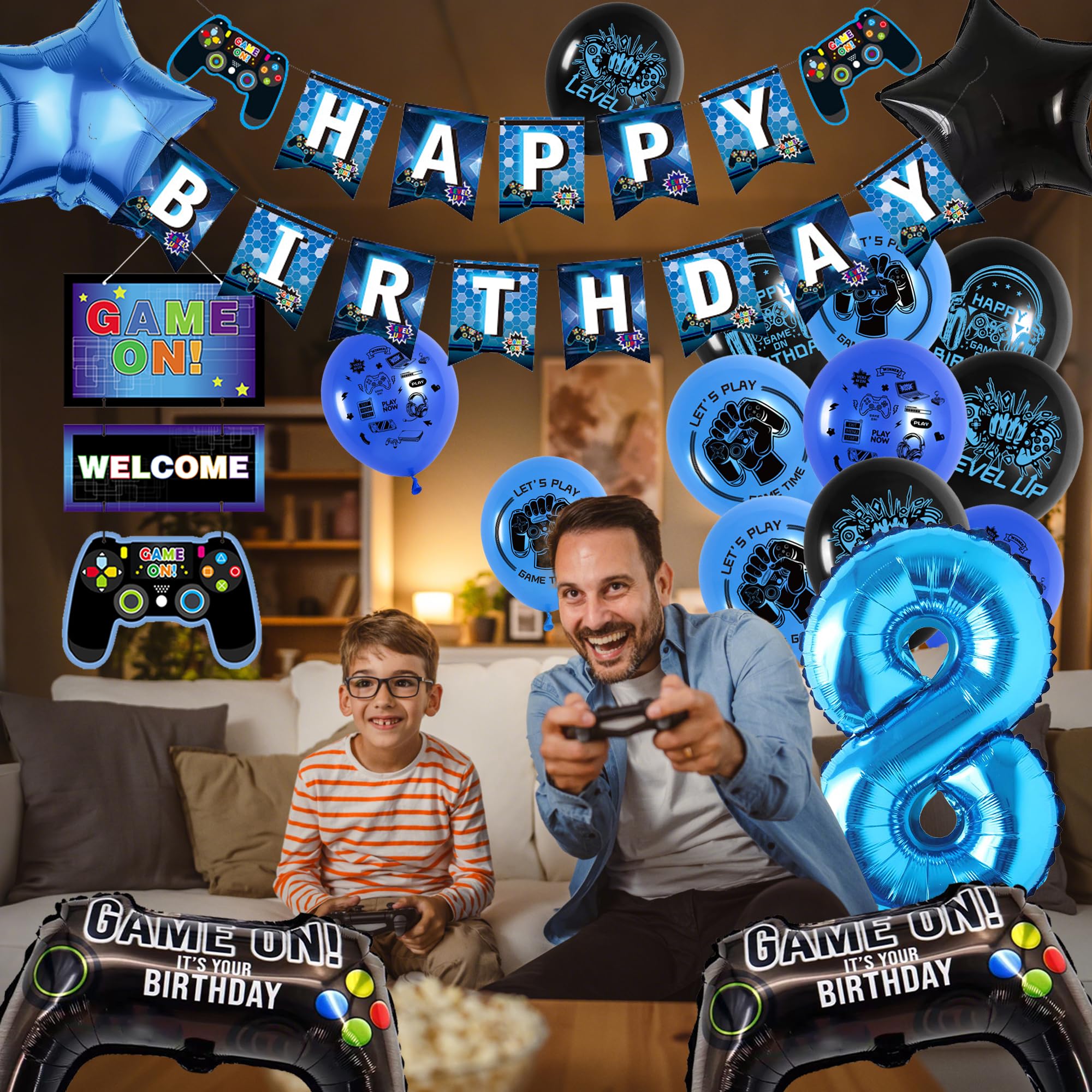 Set di decorazioni blu di buon compleanno per ragazzi, 46 striscioni di compleanno blu e palloncino
