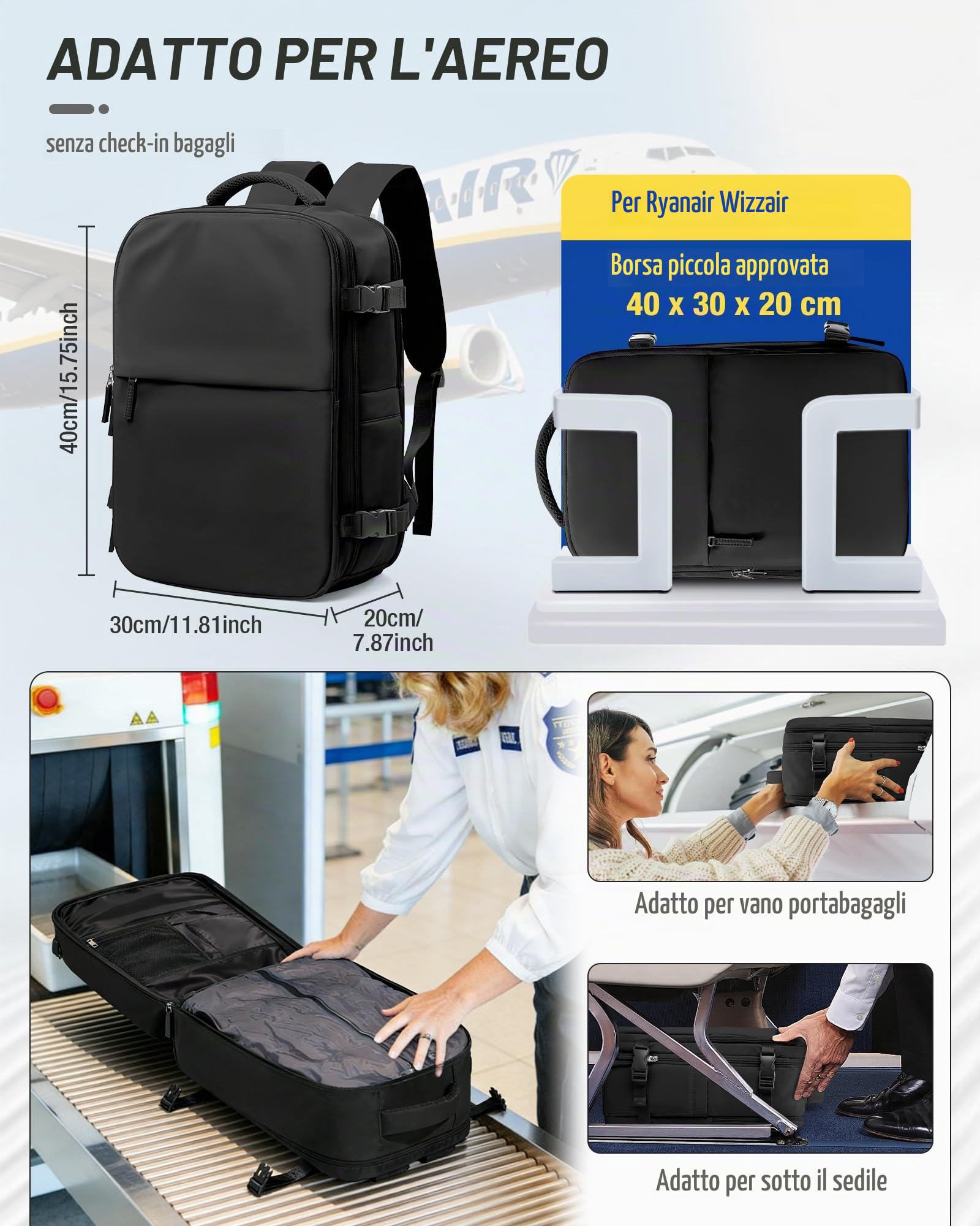SEAFEW Zaino Ryanair 40x30x20 Sottovuoto Bagaglio a Mano Donna Zaino da Viaggio 40x30x20 Wizzair Borse da Cabina per Easyjet Uomo per Laptop 14 Pollici Trekking Casual Daypack,C01-Nero