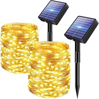 2 Pack Solar String Lights Outdoor Garden, Total 30M/98FT 300 LED Fairy Lights Solar Powered Waterproof, 8 Modes Copper Wire Light for Patio Yard Wedding Christmas Party Decor, Warm White [Energy Class E]