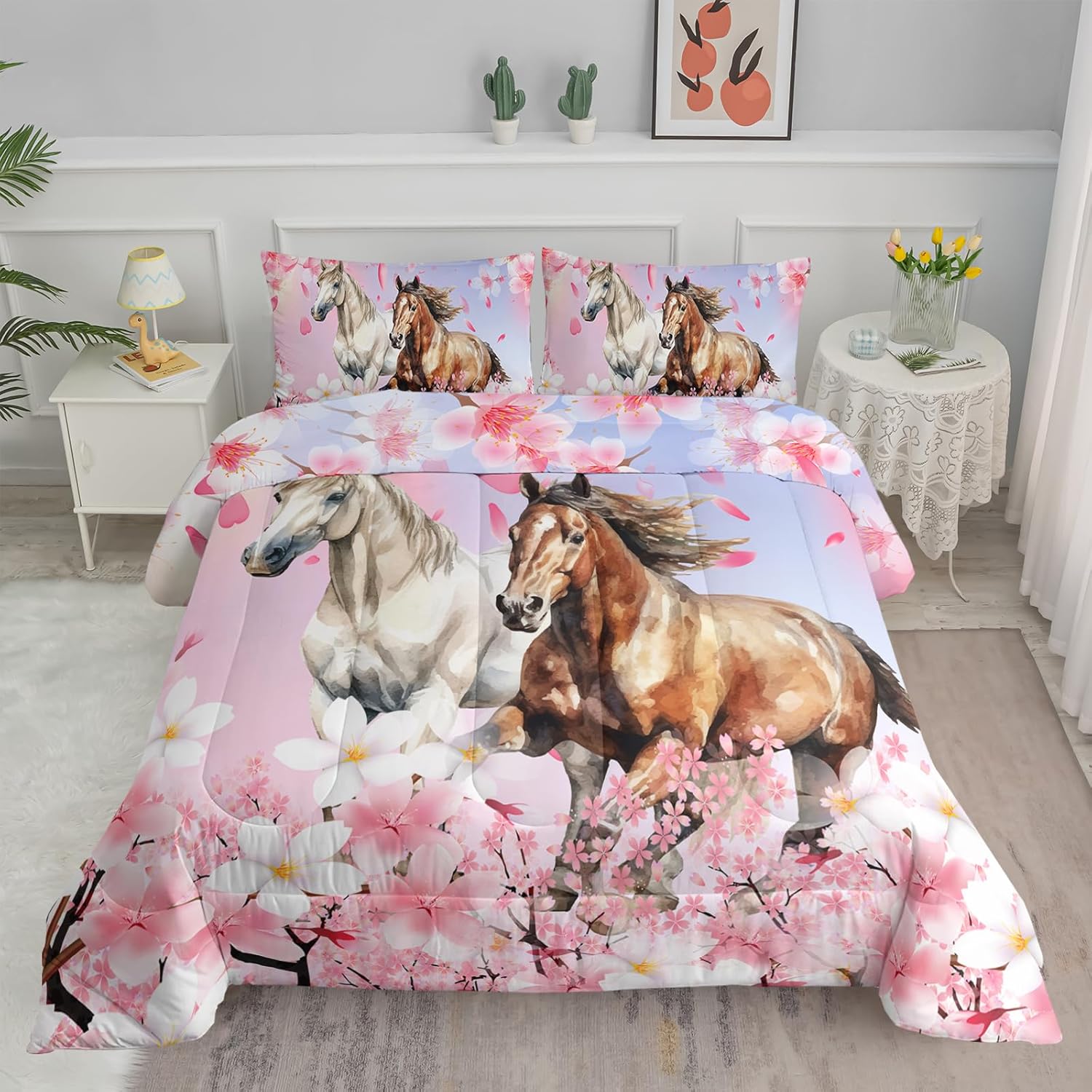Axolotl Horse Bedding Set Twin,Pink Floral Comforter Set