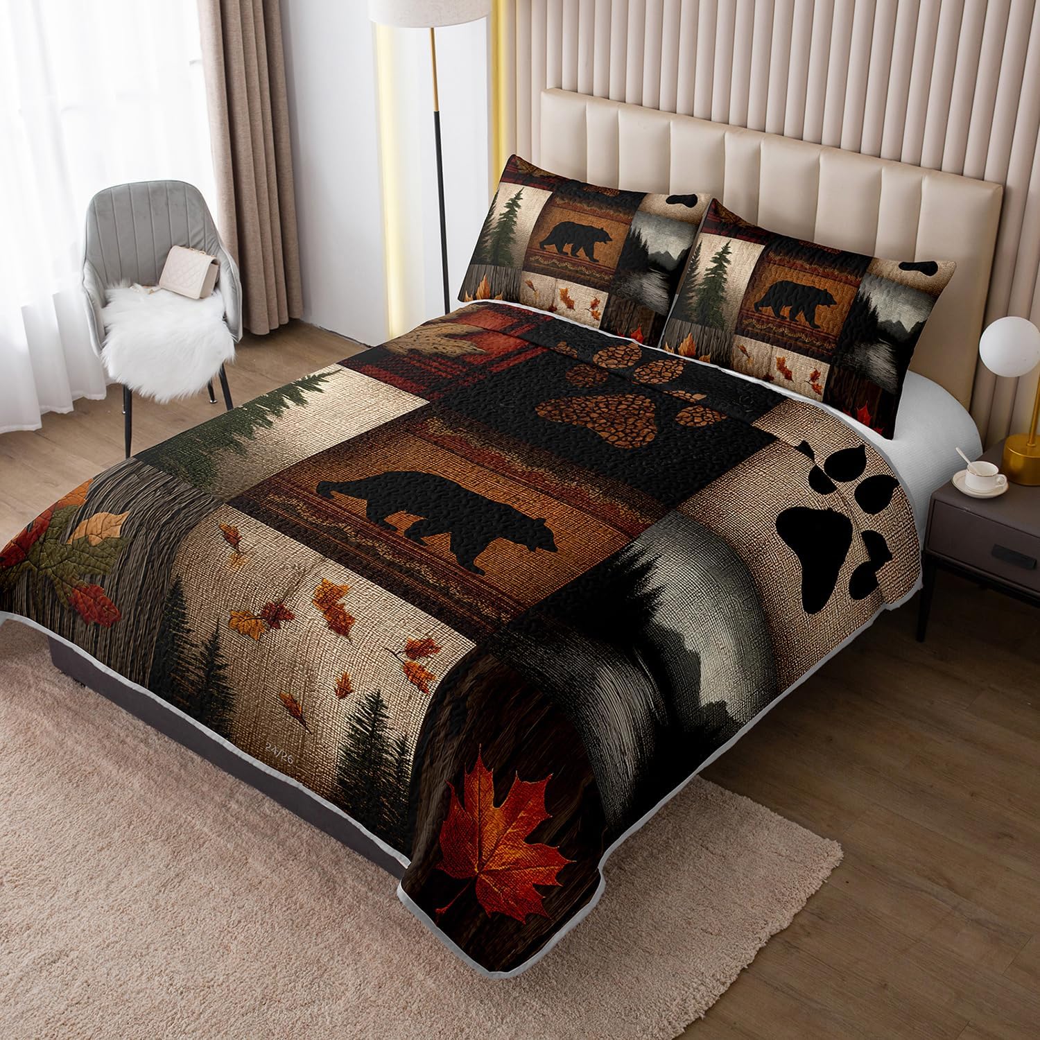 Hunting Themed Quilt King Size,Lightweight Cabin Plaid Bedding Set with 2 Pillowcases,Forest Tree Brown Bear Paw Printed Bed Sets for Adults Room Decor. - Image 2